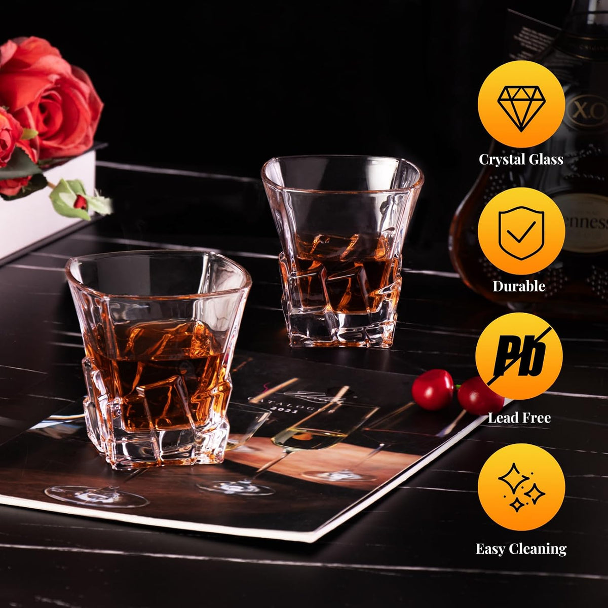 KAMMAK 330ml Ice Cube Whiskey Glass, Square - Shaped Crystal Clear Heavy - Base Tumbler for Bourbon, Scotch, Cocktails - Ideal for Home Bars and Gifting