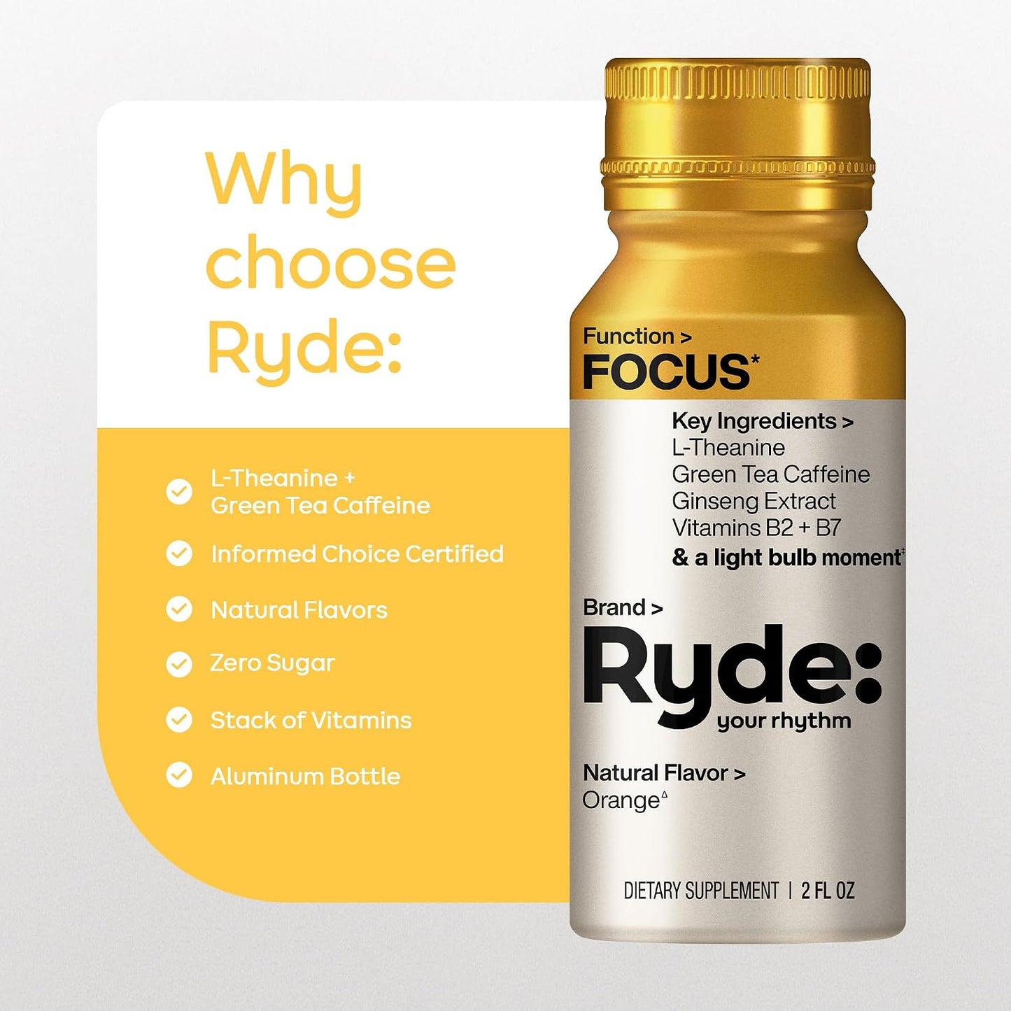 RYDE Focus Energy Shot, Orange Flavor, Zero Sugar, 2 fl oz, 24 Pack | mental clarity; study support; workday alertness; daily focus supply