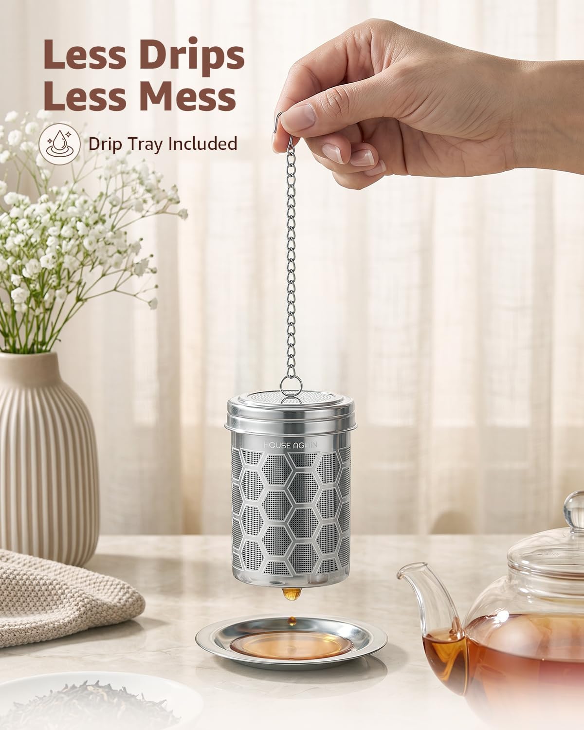 House Again 2 Pack Tea Strainers for Loose Tea, Extra Fine Mesh Tea Infuser, 304 Stainless Steel with Chain Hook, Loose Leaf Tea Steeper for Brew Tea Spices &amp; Seasonings, Geometric Design