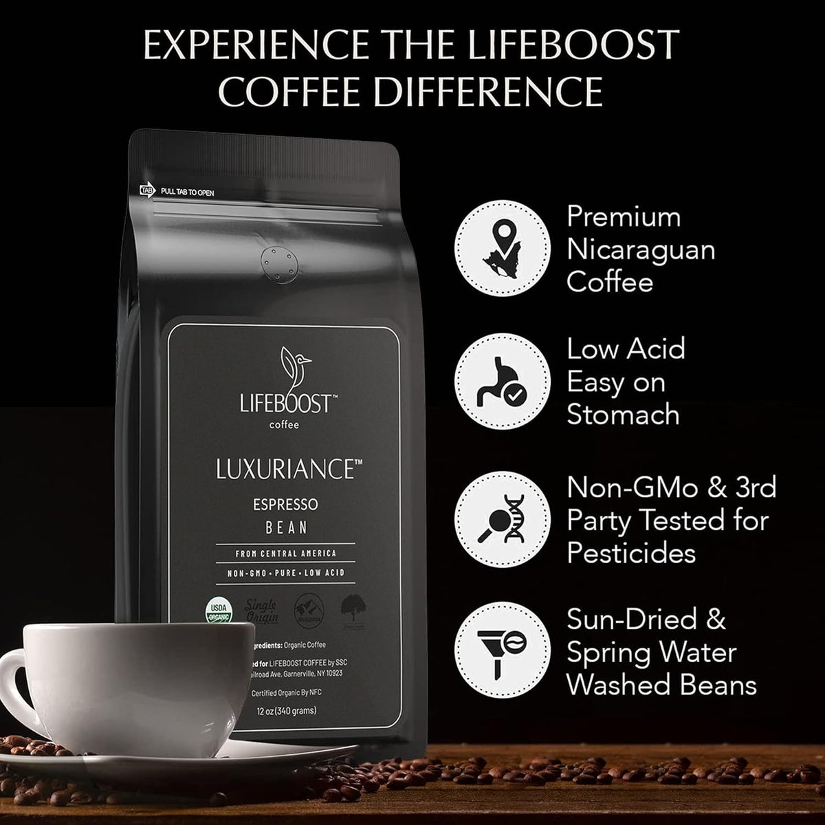 Lifeboost Organic Espresso Whole Bean Coffee - Low Acid Espresso Coffee, Non-GMO, USDA Organic, Single Origin, Third-Party Tested for Mycotoxins &amp; Pesticides - 12 oz, Pack of 3