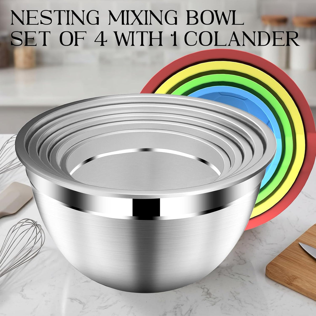 DUTZUN Colorful Mixing Bowls with Strainer, Mixing Bowl with Lids Set, Stainless Steel Mixing Bowls, Kitchen Gadgets Salad Bowls with Strainer for Mixing &amp; Preping &amp; Serving