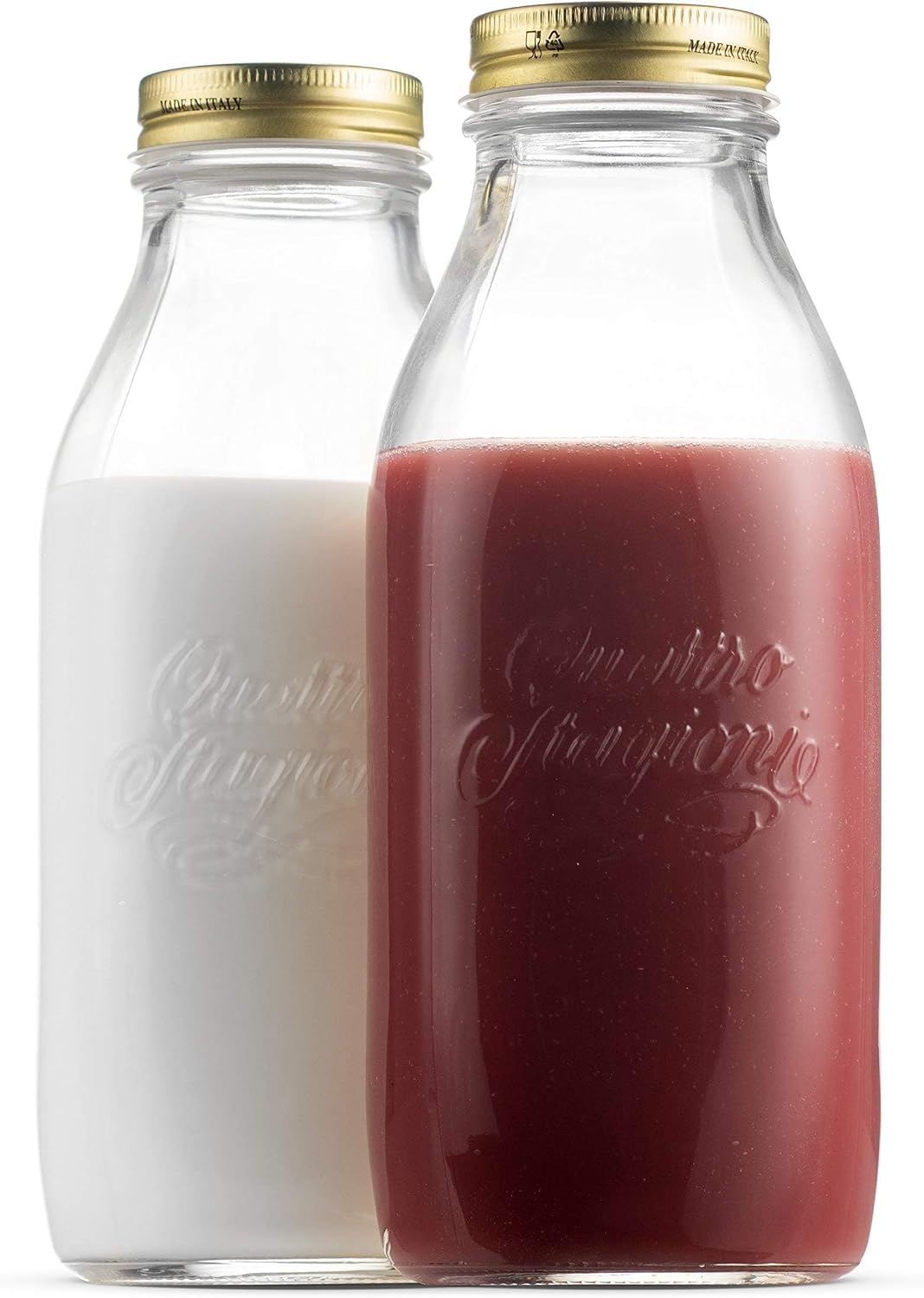 Bormioli Rocco Quattro Stagioni Glass Milk Bottle 33.75 Ounce/1 Liter with Airtight Lid, Great For Kombucha Brewing Bottle, Beer, Homemade Juicing, Smoothies, Beverages, Durable Construction. (6 Pack)