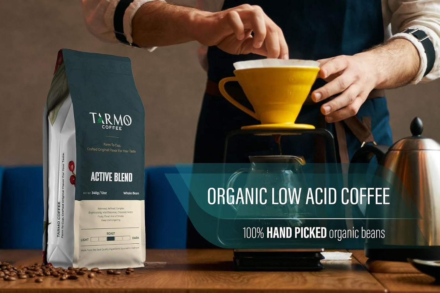 TARMO - ACTIVE BLEND | Low Acid ARABICA &amp; ROBUSTA BLEND Whole Bean Coffee | Specialty Vietnamese Coffee | Single Origin Medium Roast | Premium Espresso Beans, 12 Oz Bag