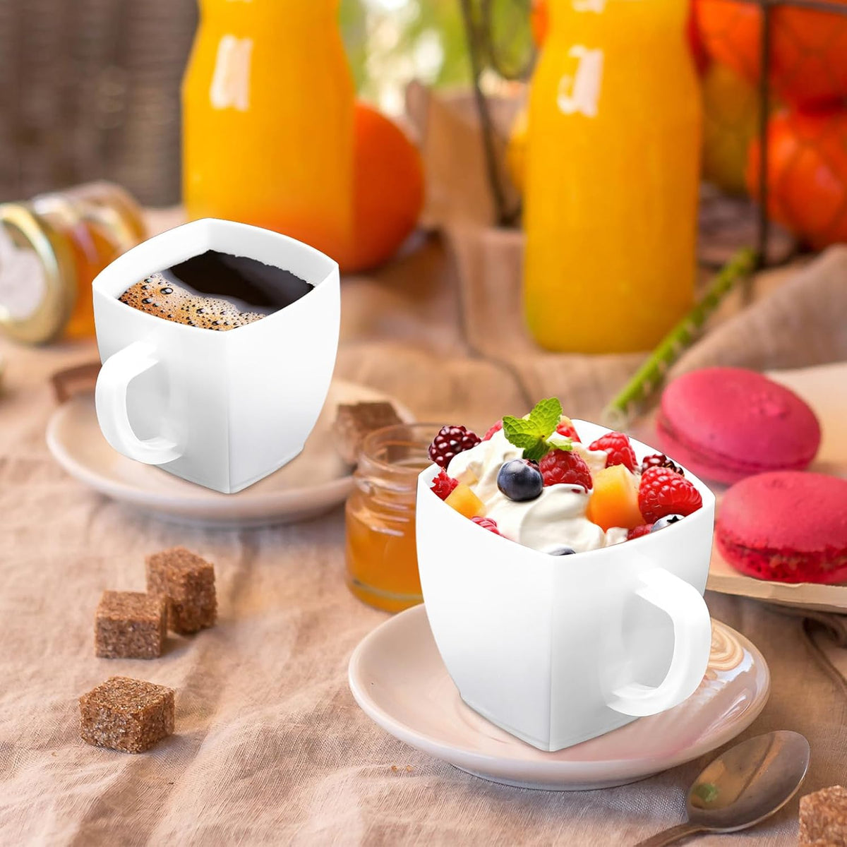 Amyhill 50 Pcs Mini Disposable Tea Cups with Handle, 2oz Hard Plastic Coffee Mug Bulk Plastic Square Disposable Espresso Cups for Wedding Tea Party Catering Dessert Sampling (White)