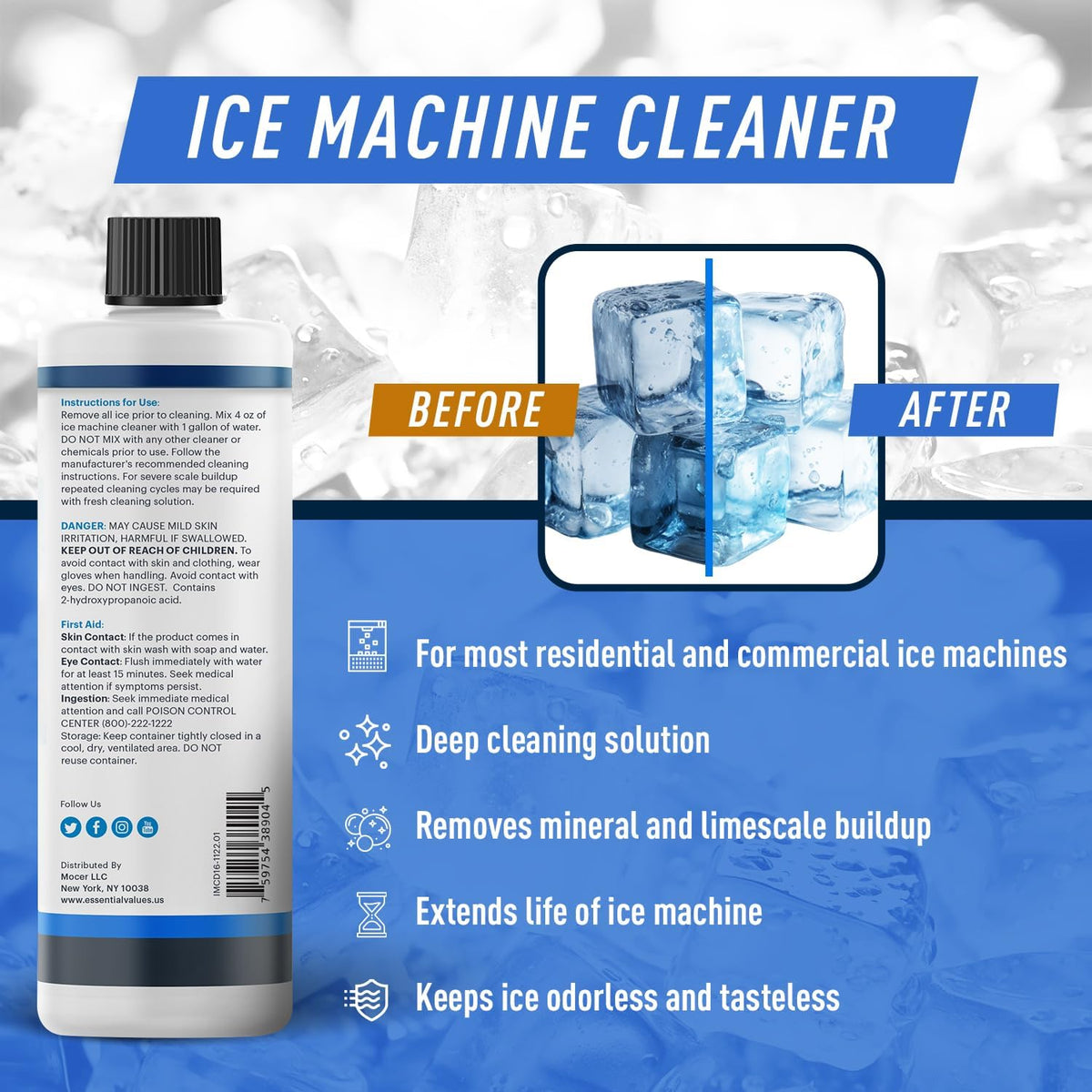 Essential Values Ice Machine Cleaner and Descaler, 2 Pack x 16 fl oz, Nickel Safe Descaler, Ice Maker Cleaner Compatible with All Major Brands (Scotsman, KitchenAid), Made in the USA