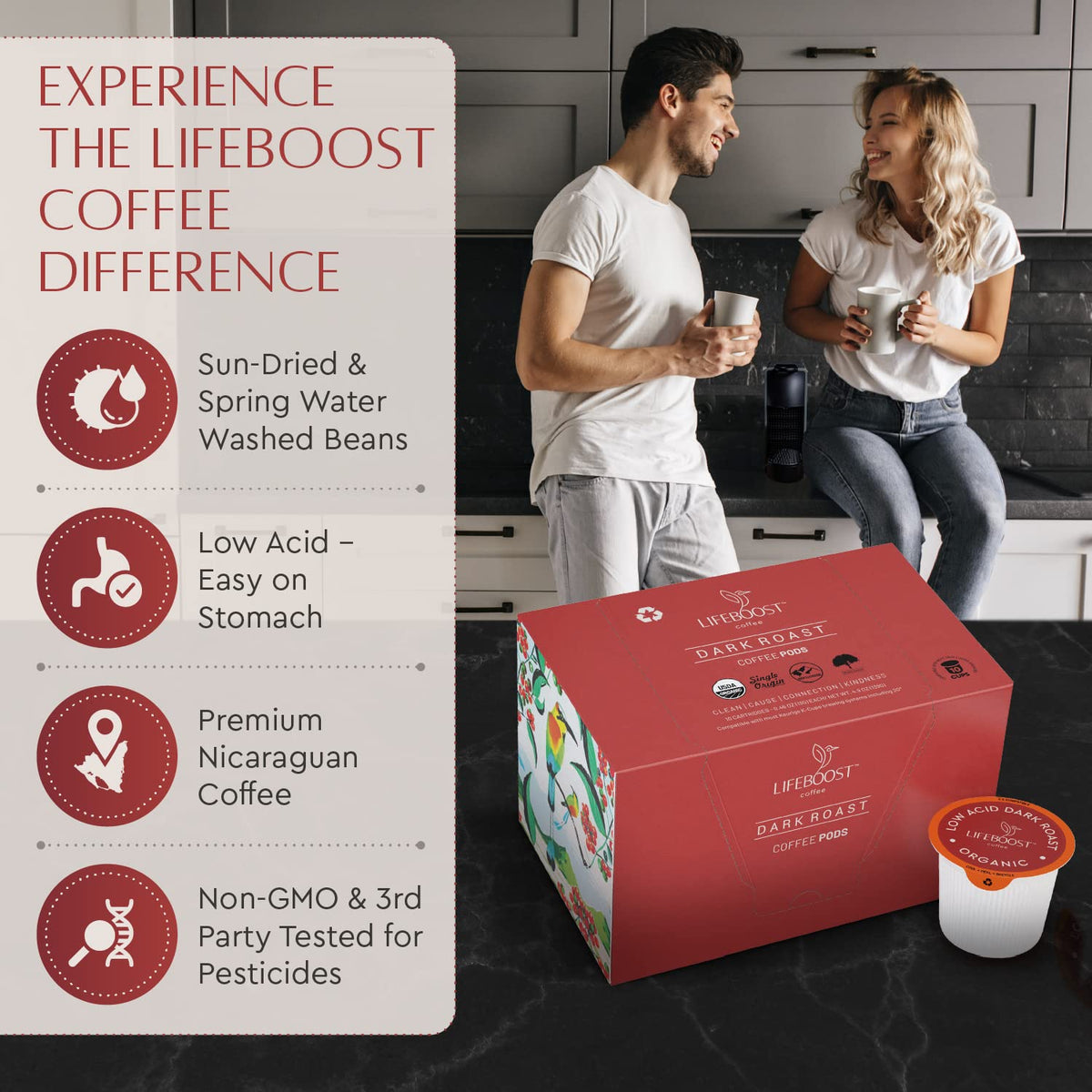 Lifeboost Dark Roast Low Acid Coffee K Cups - Single Origin Mold Free Non-GMO Organic Coffee Pods - Compatible with Keurig &amp; Keurig 2 Machines - 10 Count
