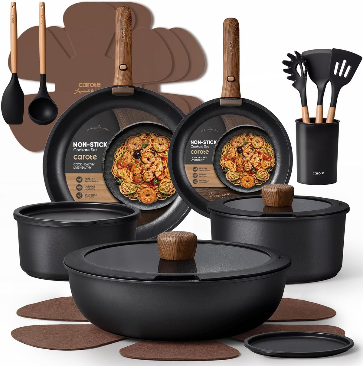 CAROTE 17pcs Pots and Pans Non Stick, Cookware Sets Detachable Handle, Induction Kitchen Pots and Pans,NonStick Cooking Set, Oven/Dishwasher/Fridge Safe, Space Saving