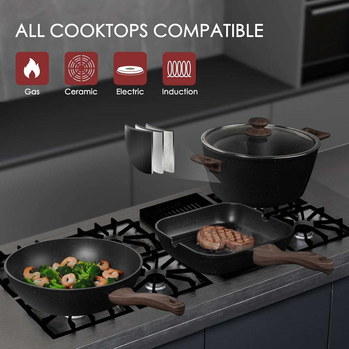 Kikcoin Nonstick Grill Pan for Indoor Cooking，9.5 Inch Versatile Griddle for Stove Tops Steak Pan with Pour Spouts