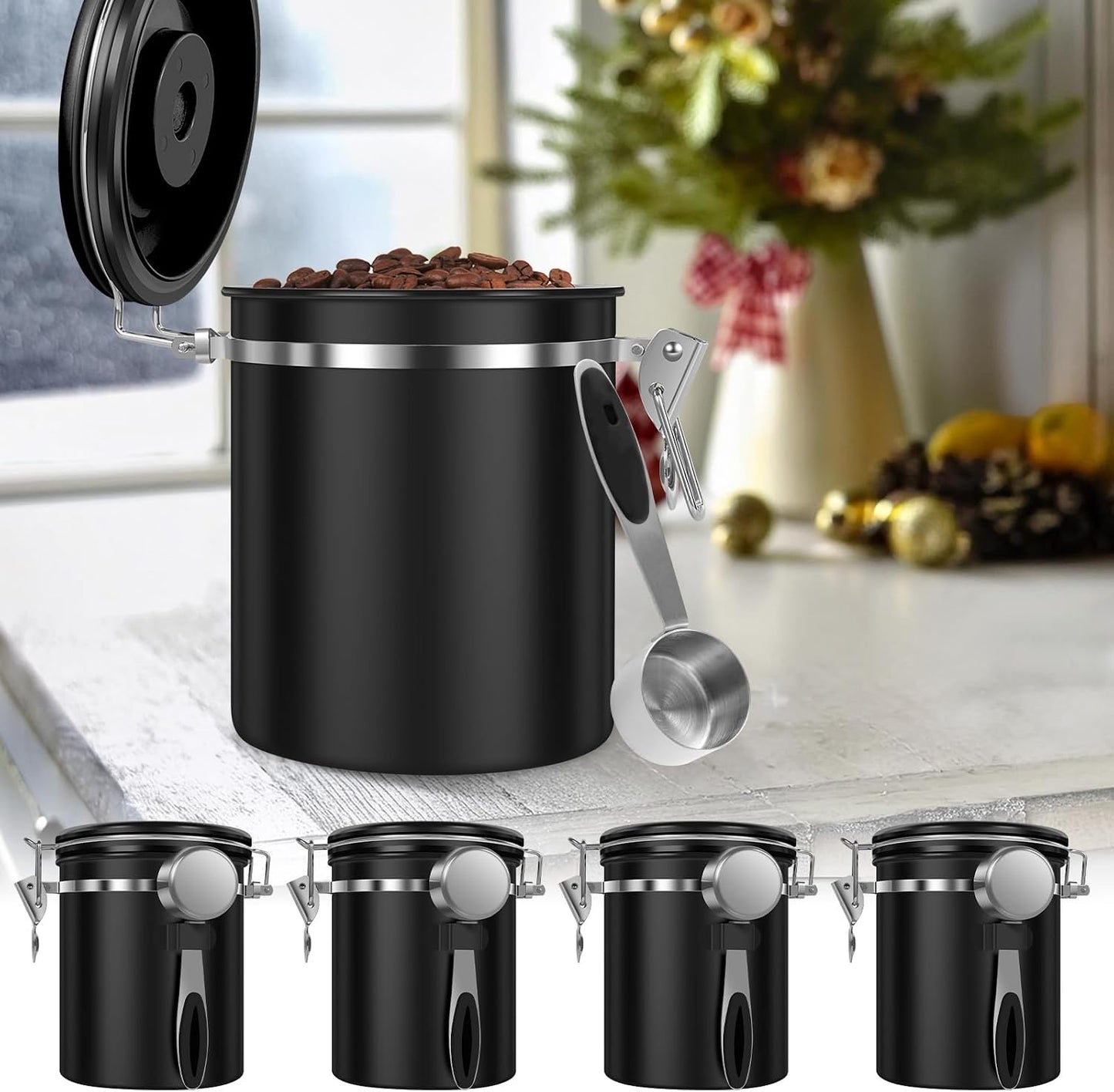 4PCS Coffee Storage Canister 1.5L 51OZ Double Airtight Coffee Beans Container with Date Locator 304 Stainless Steel Kitchen Food Storage Container with Spoon for Tea Sugar
