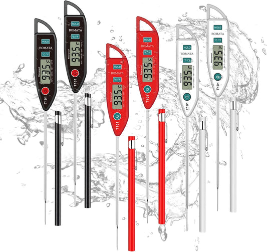 BOMATA 6 Pack Waterproof IPX7 Meat Thermometer, Food Thermometer | Instant Read, Long Probe for Water, Liquid, Kitchen Cooking, Grill,BBQ ! T101 X 6 Pcs (Black &amp; Red &amp; White)…
