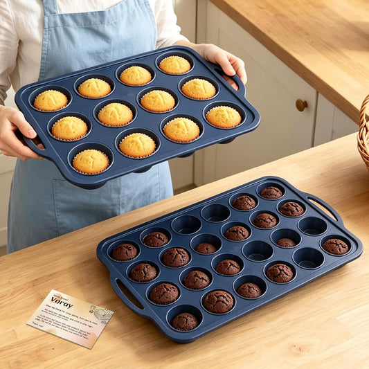 2 Pack Silicone Muffin Pan 12 &amp; 24 with Frame Non Stick Cupcake Baking Tin