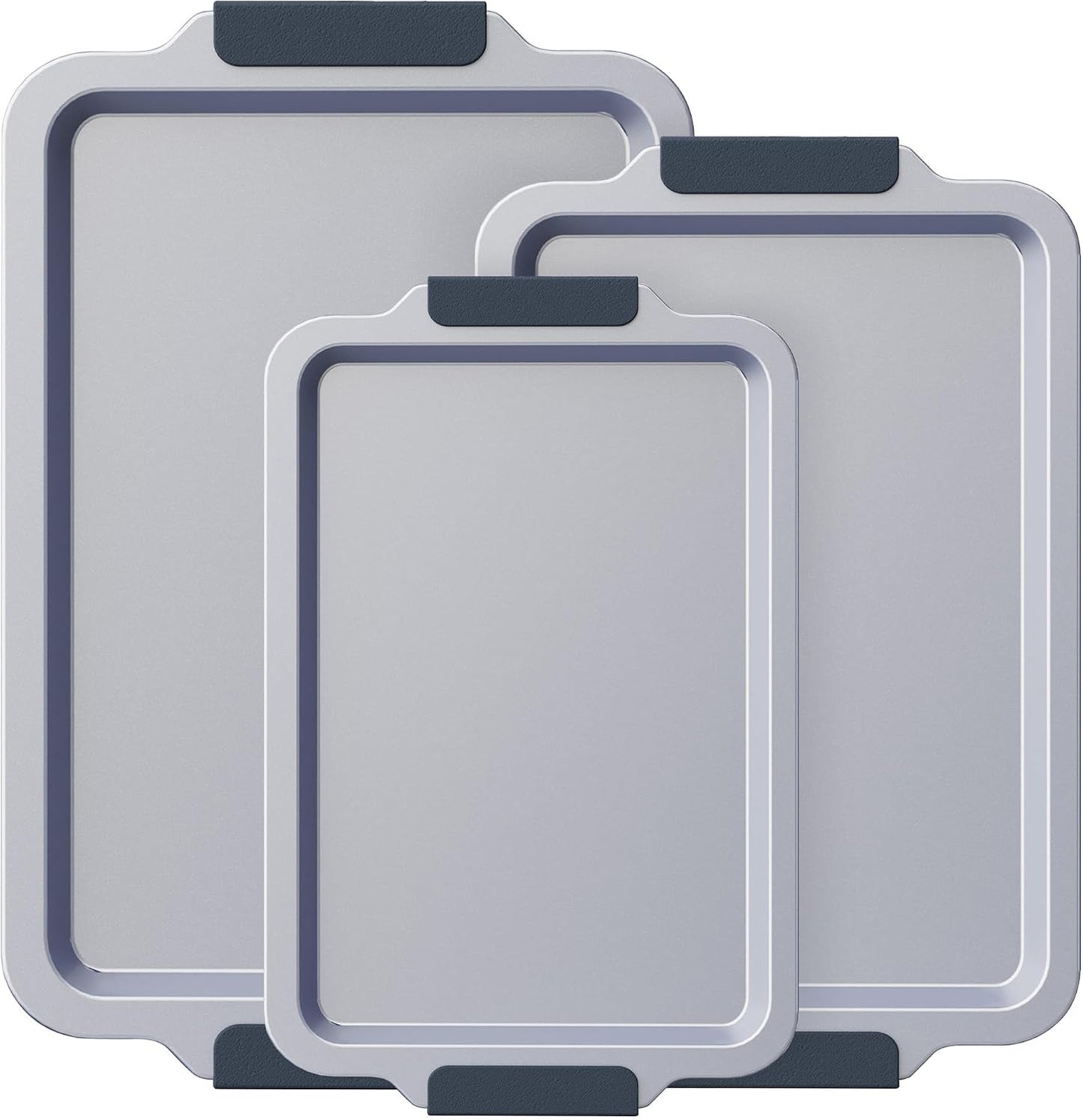 BRONYPRO Non Stick Ceramic Baking Sheet Pan Set of 3, Non Toxic Cookie Sheets (PFOA/PTFE Free), Aluminized Steel Oven Trays with Silicone Handles, Rust-Resistant, Warp-Resistant to 500°F, Blue Gray