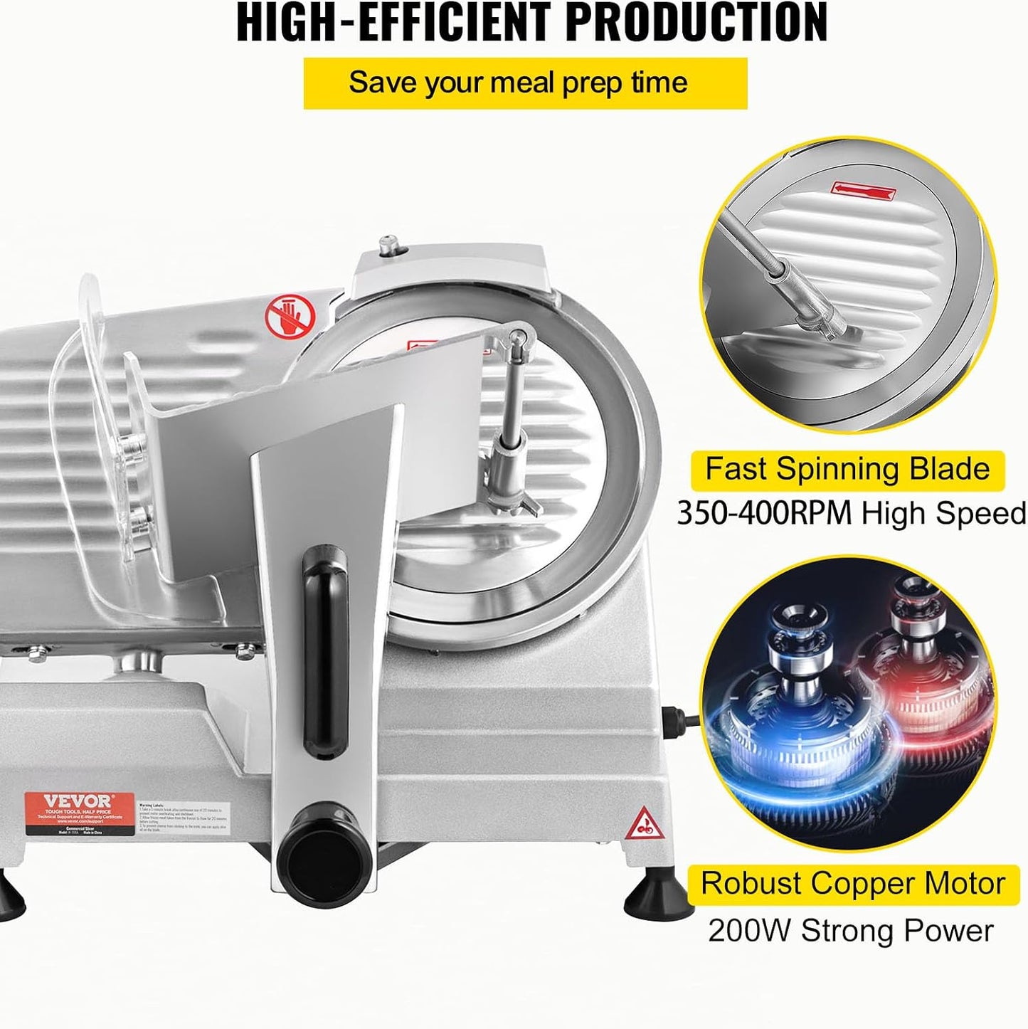 VEVOR Commercial Meat Slicer, 200W Electric Deli Food Slicer, 0-12mm Adjustable Thickness Electric Meat Slicer, 350-400RPM Slicer with 8.7'' Chromium-plated Steel Blade for Home &amp; Commercial Use