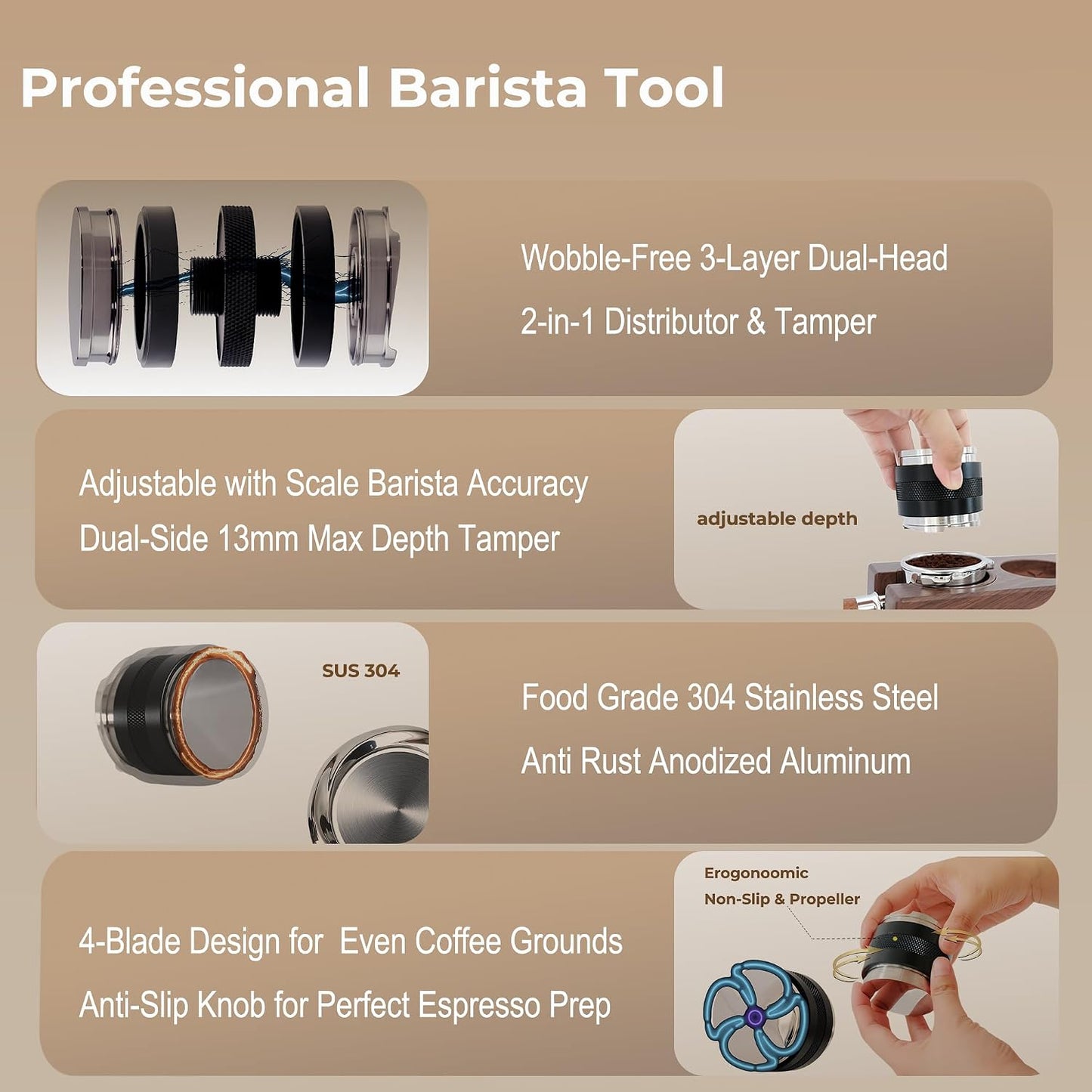 51mm Coffee Distributor and Tamper, Dual Head Espresso Leveler Fits 51mm Portafilter for Barista Express, Stainless Steel Espresso Distribution Tool