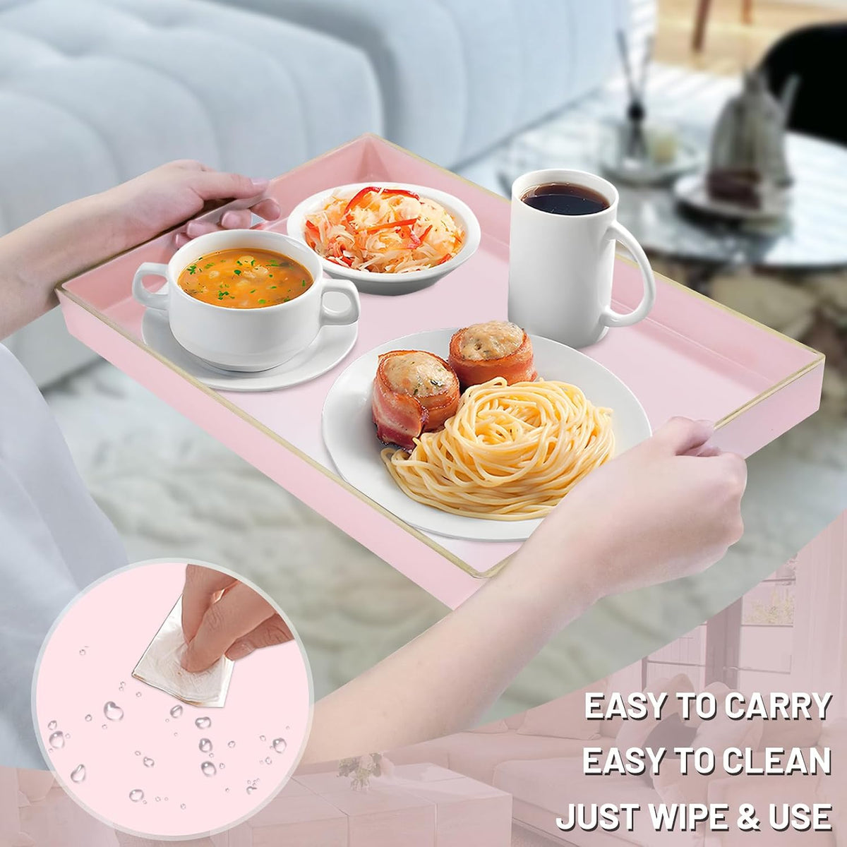 MAONAME Pink Serving Tray with Handles, Plastic Decorative Tray Set of 2 | Pink Decorative Tray for Coffee Table, Modern Ottoman Tray, Rectangle Melamine Tray for Living Room, 15.8"L x 10.2"W x 1.4"H