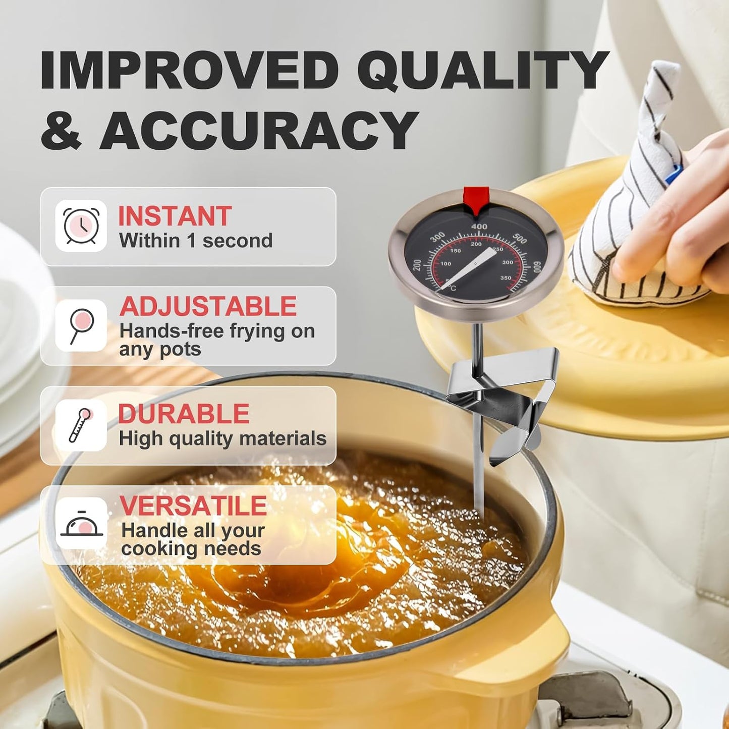 Glow-in-The-Dark Candy Thermometer Waterproof IP67-9" Deep Fry &amp; Candy Thermometer with Pot Clip – High-Heat, Waterproof for Oil, BBQ, Candle Making，Black
