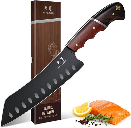 Santoku Knife 7 Inch - Japanese Chef Knife for Fish, Bunka Knife for Meat, Kiritsuke Knife for Vegetables, Black Slicing
