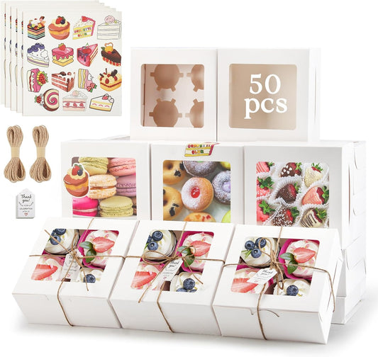 OAMCEG 50 Pack Cookie Boxes with Window 6x6x3 Inches White Cupcake Boxes, Bakery Treat Boxes with Stickers & Twine for