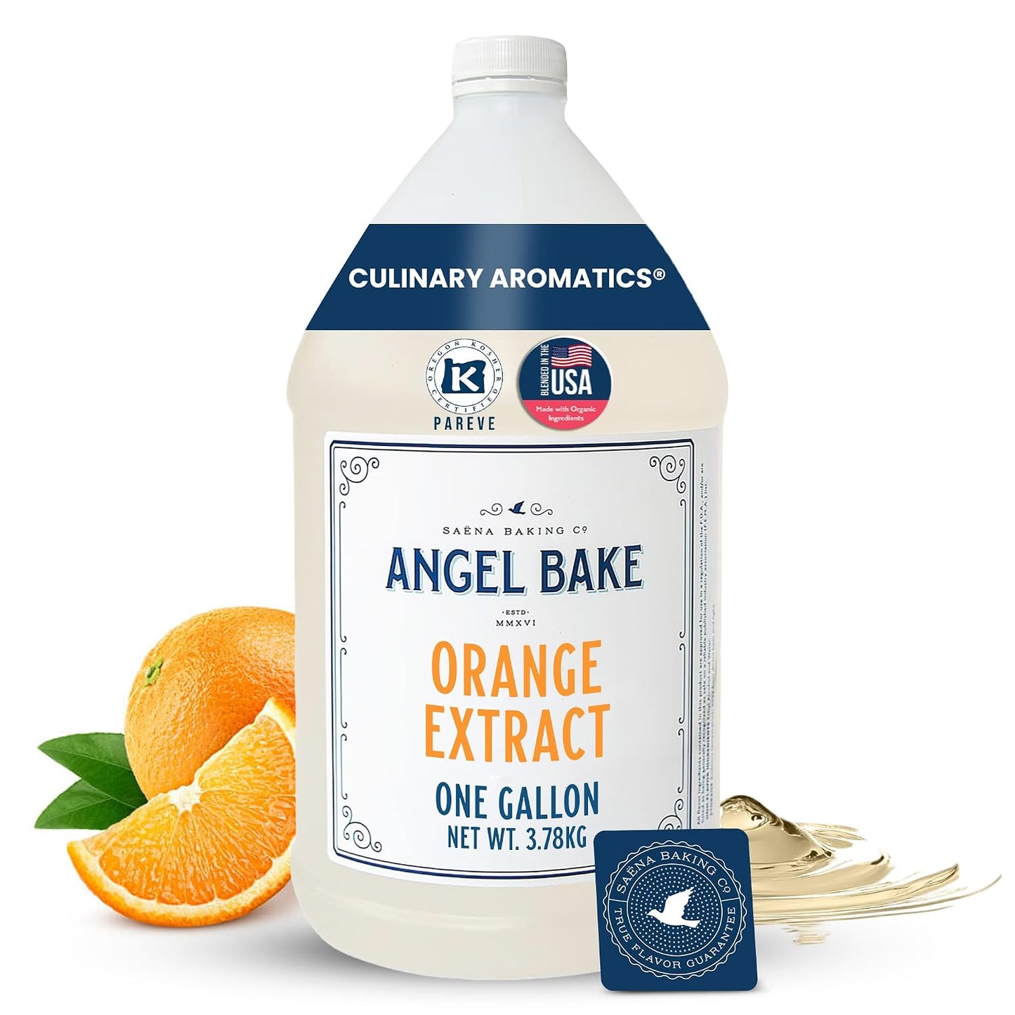 Angel Bake Pure Valencia Orange Extract, 5X Distilled, 1 Gallon | Bulk food safe culinary flavoring for baking, beverages, coffee, tea and confectionery; kosher, vegan, gluten free