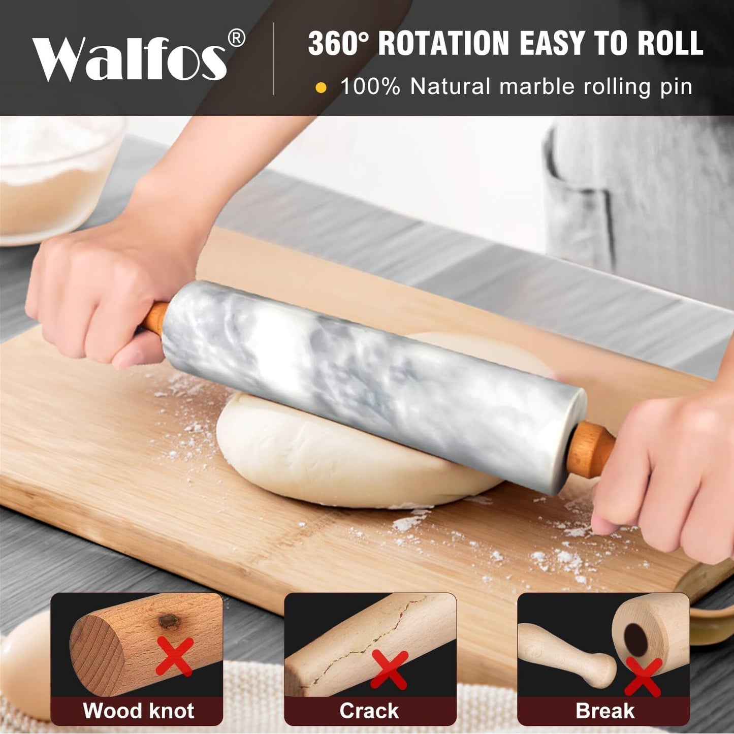 Walfos Marble Rolling Pin With Wooden Handles & Wood Cradle, 16.5 Inch Marble Rolling Pins For Making Pizza Dough And