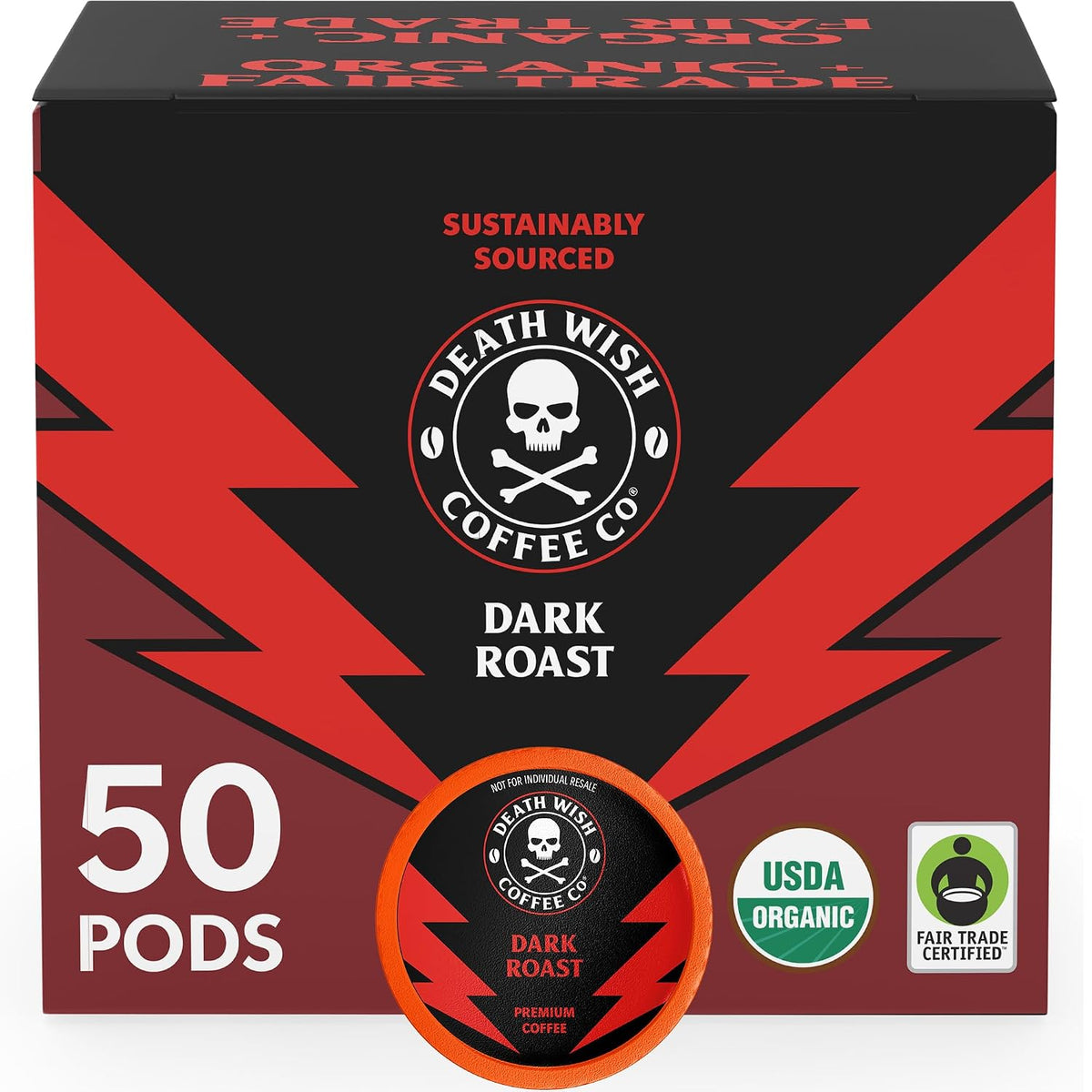 Death Wish Coffee Dark Roast Single Serve Coffee Pods, Organic, 50 Count