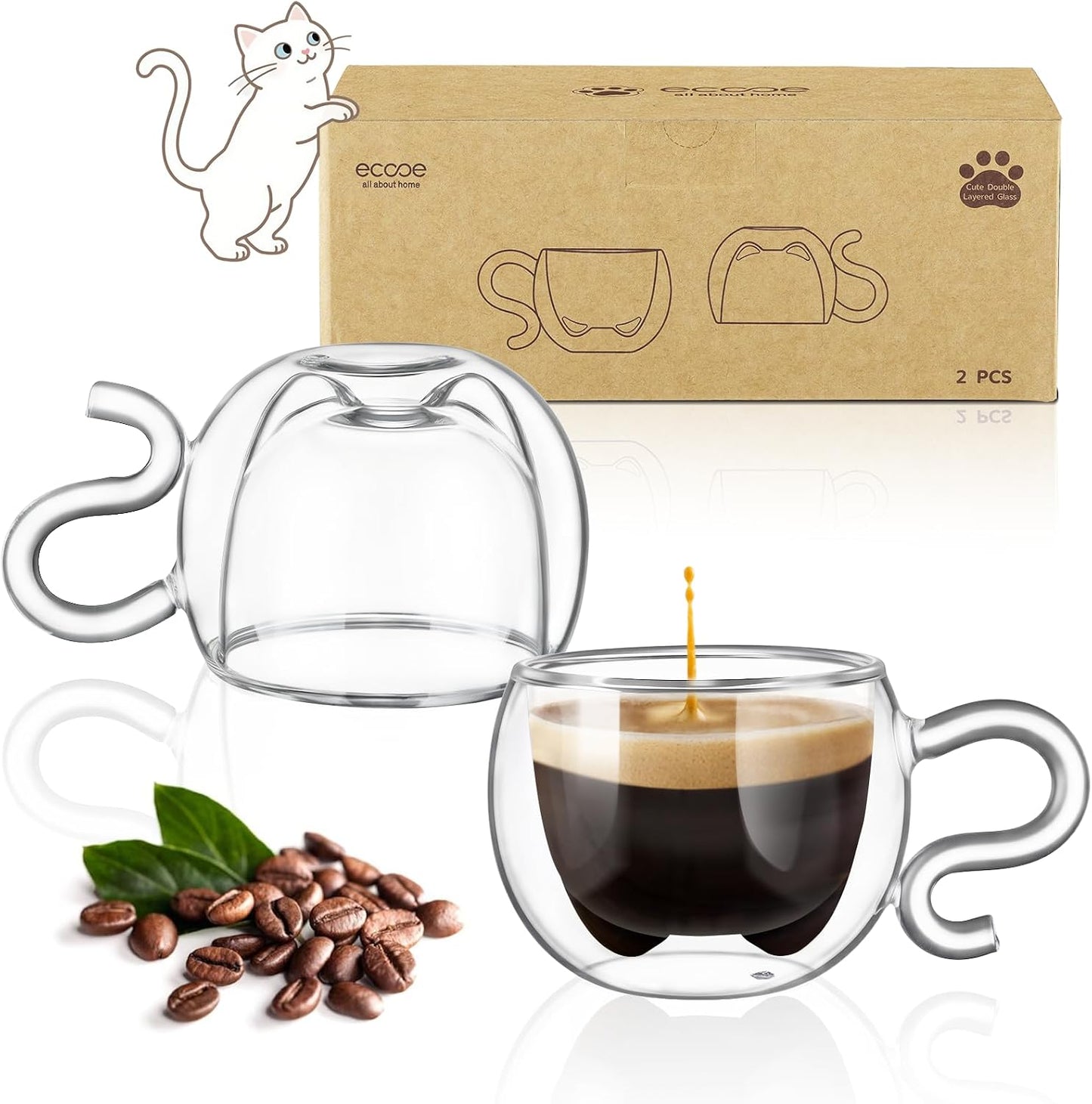 ecooe 4.4 Oz Cute Cat Double Wall Glasses Espresso Cups Set of 2, Demitasse Cups, Espresso Shots Coffee Cups Birthday Christmas Gifts for Women,Men, Mum, Kids, 130 ml (full capacity)