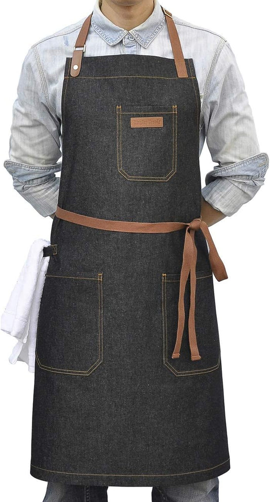 Denim Chef Apron with Pockets, Mens Womens Professional Kitchen Bib Black Apron for Cooking Grill BBQ Server, with Towel