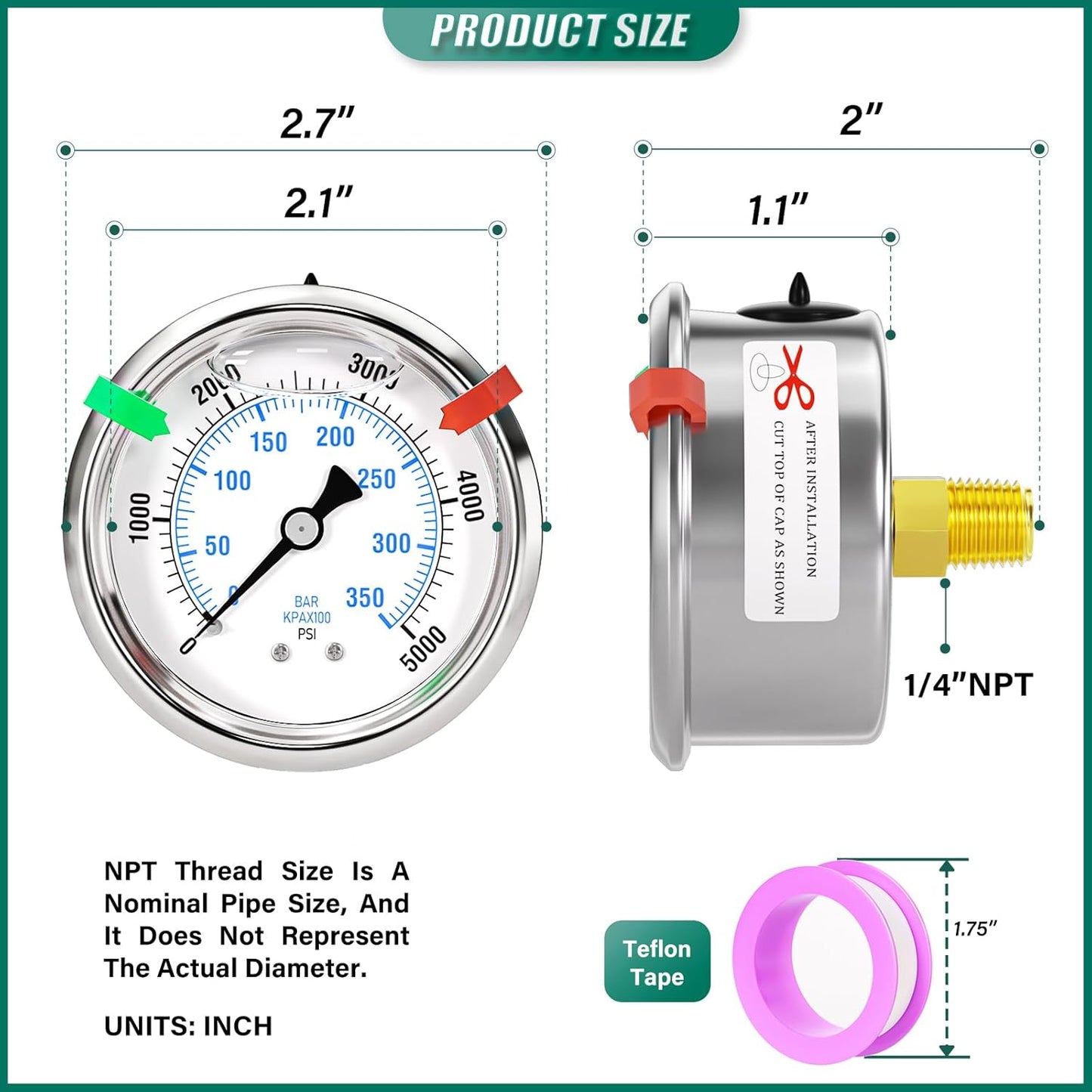 0-5000psi Stainless Steel Glycerin Liquid Filled Pressure Gauge 1/4" NPT 2.5" Face Dial Center Back Mount, for Water, Oil and Air Pressure Testing (with Range Mark Pointer)