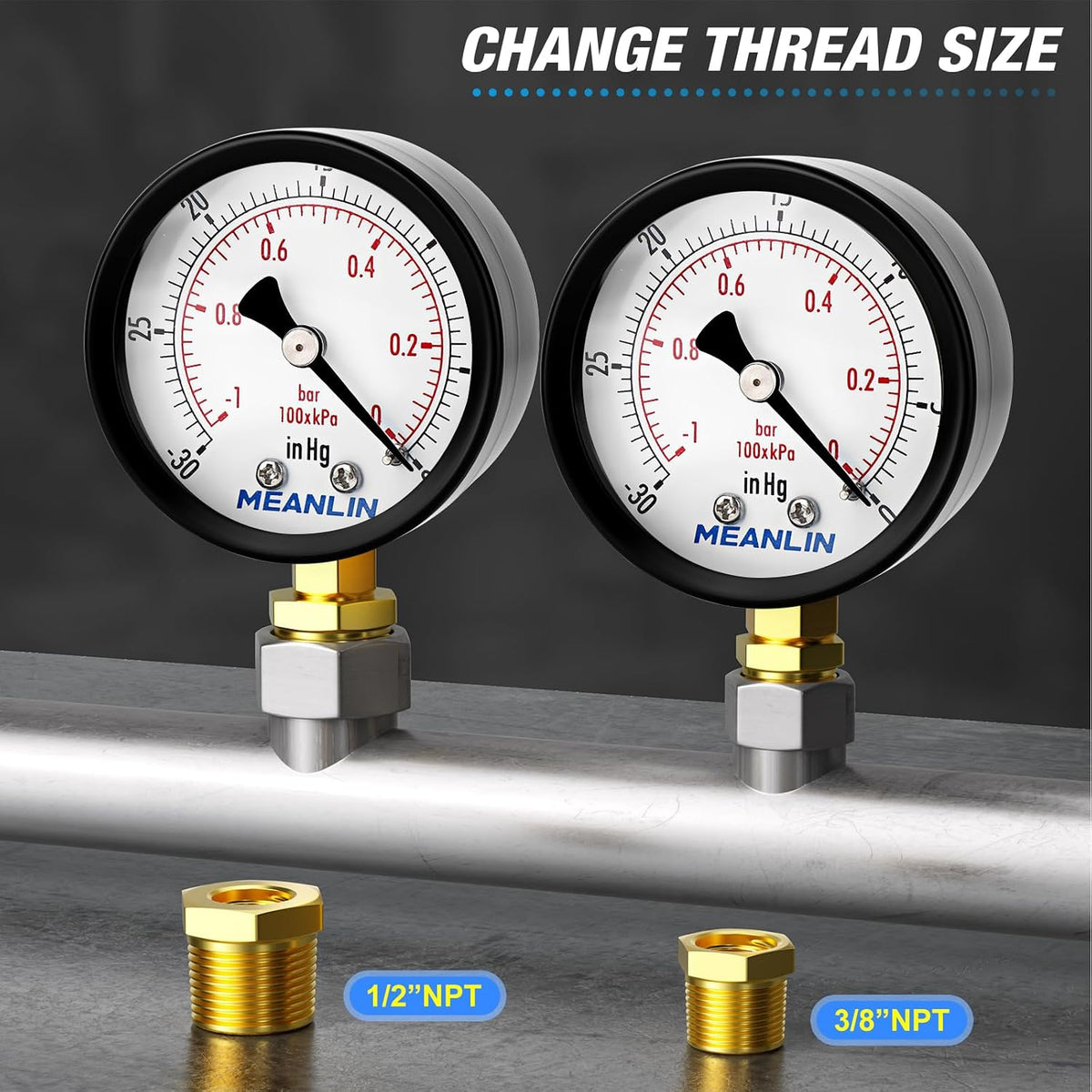 MEANLIN MEASURE -30inHG~0Psi Dry Vacuum Pressure Gauge, 2" DIAL FACE 1/4" NPT WOG Water Oil Air Pressure Test, Lower Mount, with 1/2" NPT and 3/8" NPT Hex Bushing