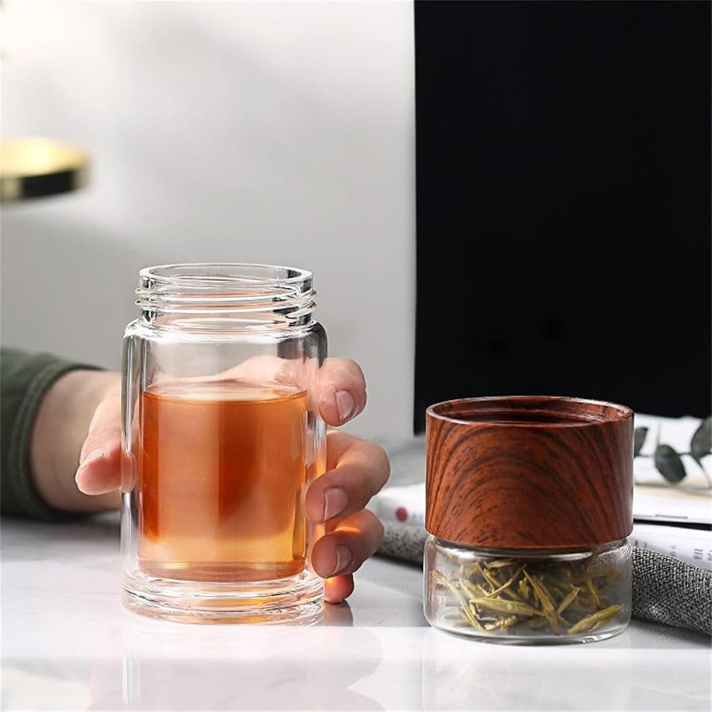 2025 New Glass Infuser, 3-In-1 Smart Tea Infuser with Cup Brush, Double-Layer Borosilicate Glass Tea infusers Separation Cup (Black, 280ml (9.5oz))
