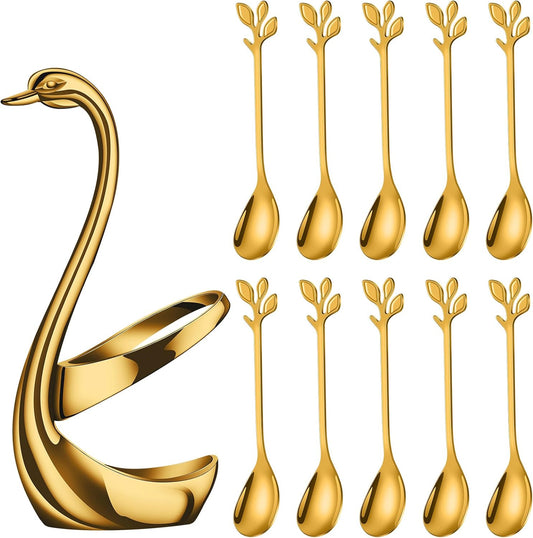 AnSaw Gold Swan Base With 10-Pcs Mini Leaf Coffee Spoon Holder Set - 4.7" | Stainless Steel Leaf Handle Spoons,Small Spoons,Espresso Spoons,Tea Spoons,Dessert Spoons,Demitasse Spoons