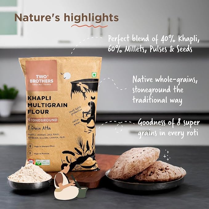 Khapli Multigrain Atta | Emmer Flour | 8 Super Grains Flour Mix | Diabetic Friendly | High Fibre & High Protein | Low GI Atta | Emmer, Jowar, Jau, Ragi, Soybean , Chickpea | 2kg from Two Brothers Organic Farms