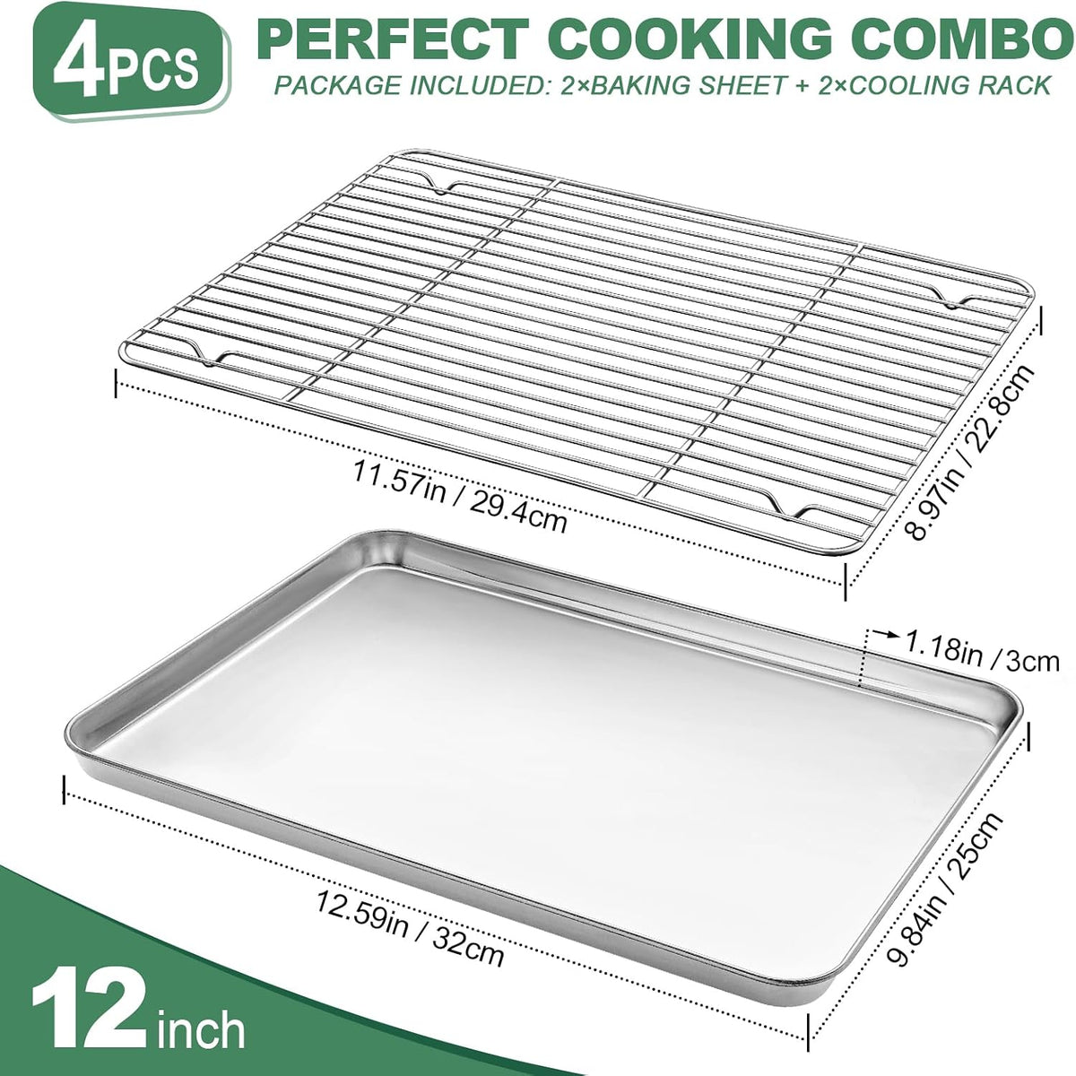 Baking Sheet with Cooling Rack, HKJ Chef 2 Baking Sheets + 2 Baking Racks | Stainless Steel Cookie Sheet with Cooling Rack, Baking Pans for Oven, 12.5x10x1 Inches Nonstick Baking Tray, Warp Resistant