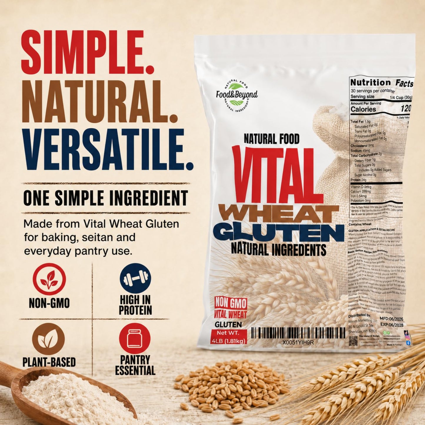 Food &amp; Beyond Vital Wheat Gluten 4 lb | High-Protein Natural Wheat Flour | Premium Quality for Baking, Bread, Pizza Dough &amp; Seitan Recipes
