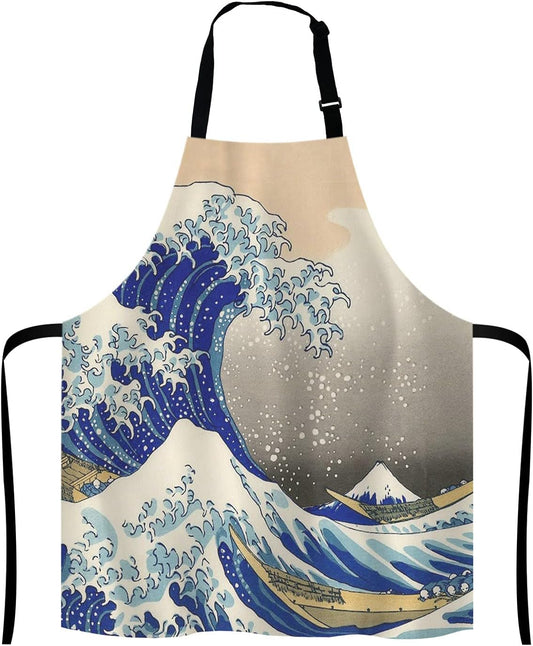 Hokusai The Great Wave Bib Apron with Adjustable Neck for Men Women,Suitable for Home Kitchen Cooking Waitress Chef Grill