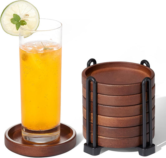 Set of 6 Wooden Coasters With Holder - Coffee Table Coasters for Drinks, Modern Home Decor, Dining Table Decorative Set,
