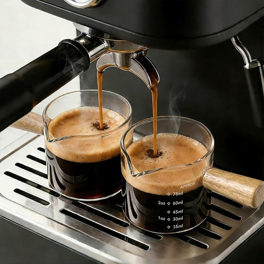 YARRAMATE 2.5oz Espresso Shot Cups, 2 Pack with V-Spout &amp; Handle | Borosilicate Glass, Precision Pouring, Heat Insulated Grip, Dual-Scale Accuracy, Easy to Rinse Clean