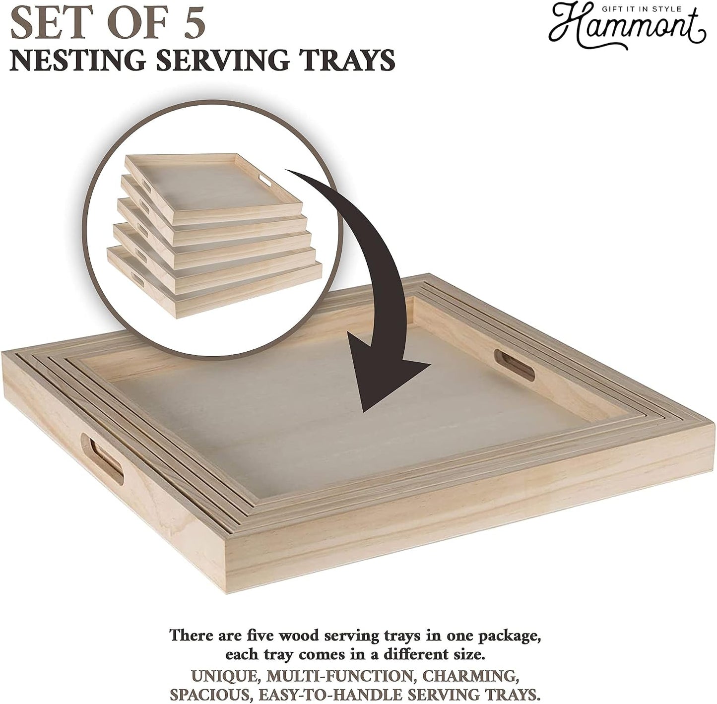 Hammont Wooden Square Trays - Five Piece Nested Serving &amp; Organizing Trays - Rustic Brown Solid Wood - Set of 5 (16x16x1.5", 15.3x15.3x1.5", 14.5x14.5x1.4", 13.75x13.75x1.25", 13x13x1.1")