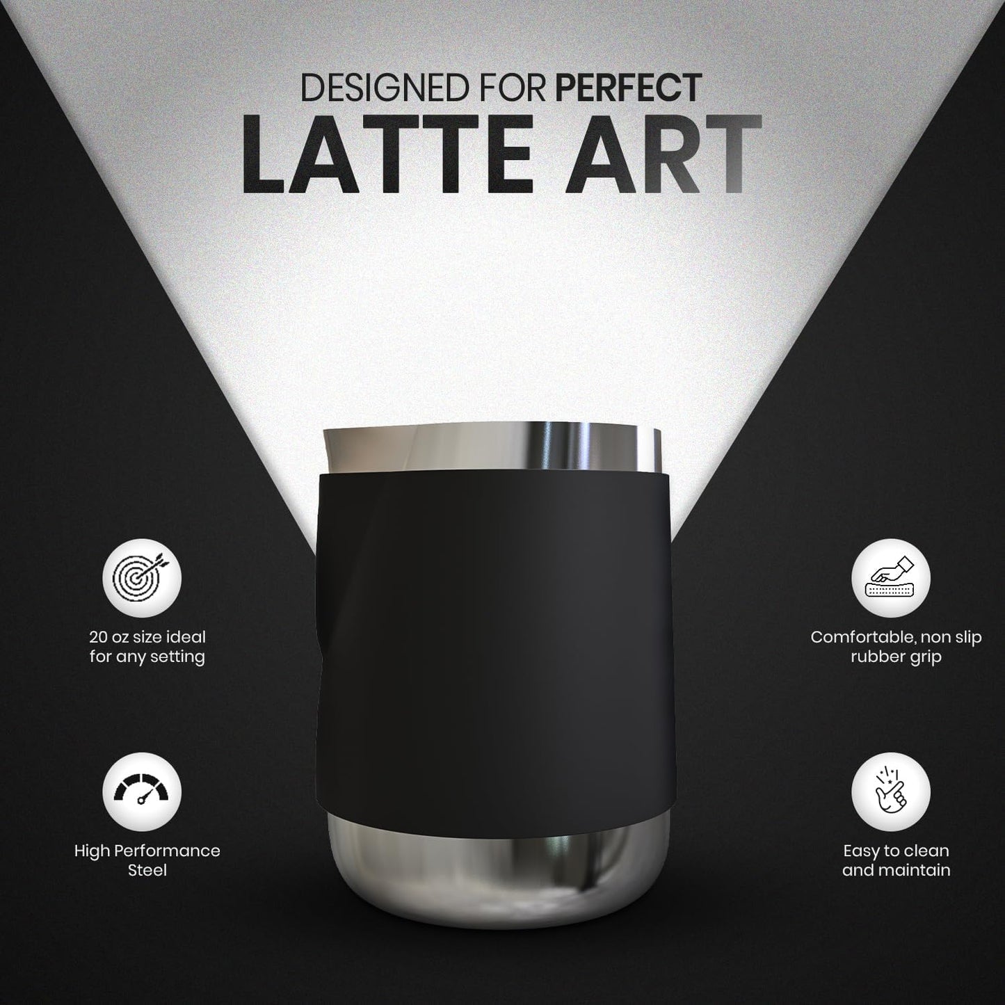 Rattleware 20 Oz Handle Free Latte Art Pitcher Stainless Steel with Rubber Grip Durable Heat Resistant Milk Frothing Pitcher for Baristas Home Cafes and Coffee Shops
