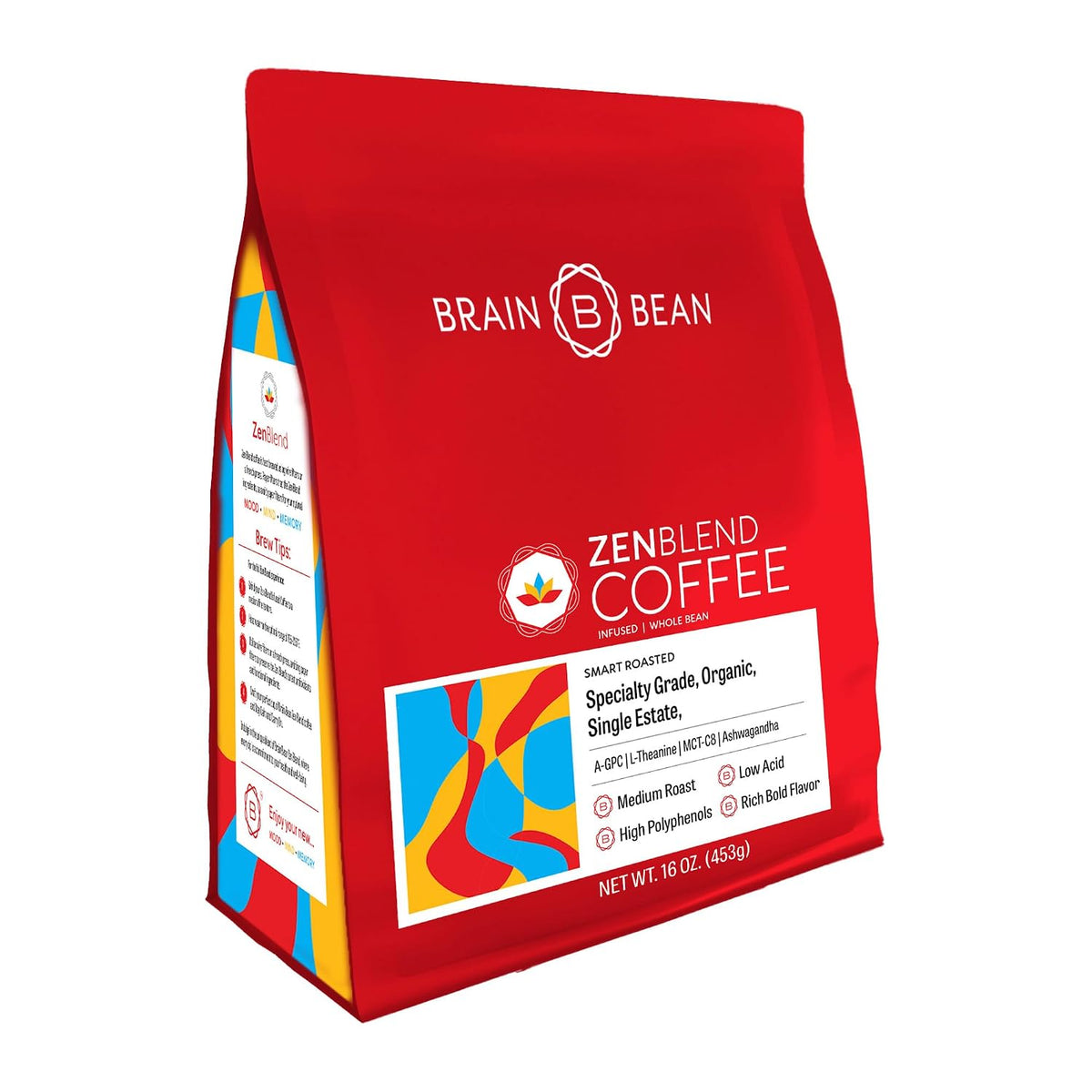 Brain Bean Zen-Blend Organic Coffee Whole Bean with Caprylic Acid MCT (C-8), A-GPC, L-Theanine &amp; Ashwagandha Extract - Premium Grade Organic Coffee Beans for Focus &amp; Calm Support (16 Oz)