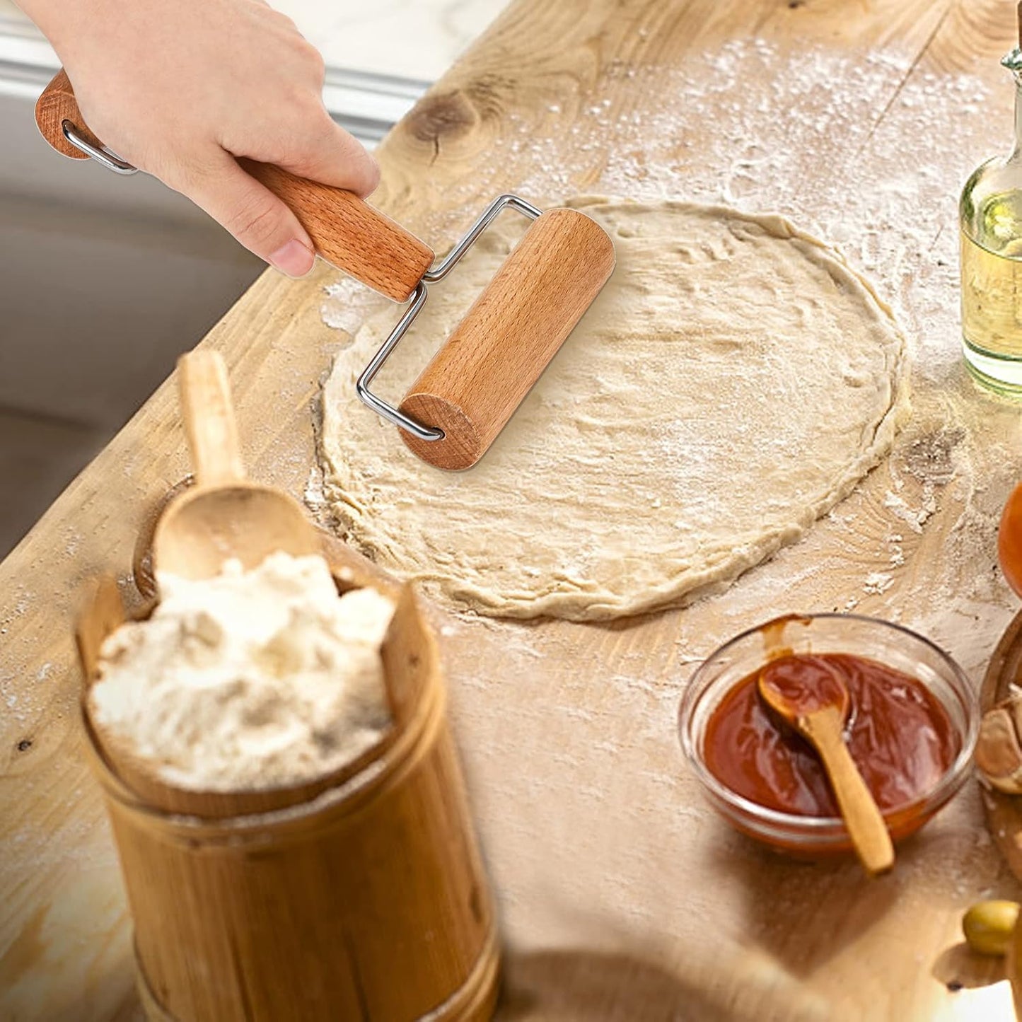 Hiceeden Set of 2 Pizza Dough Roller & Dough Docker, Stainless Steel Dough Hole Maker Puncher Wooden Rolling Pin for Pizza,