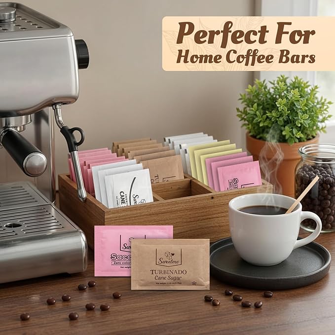 Sweetmo Sugar Packets Variety Pack - Sucralose, Raw Sugar, Saccharin, Cane Sugar with Wooden Stirrers - 400 Count for Coffee, Tea, Office Breakrooms, Home & Airbnb