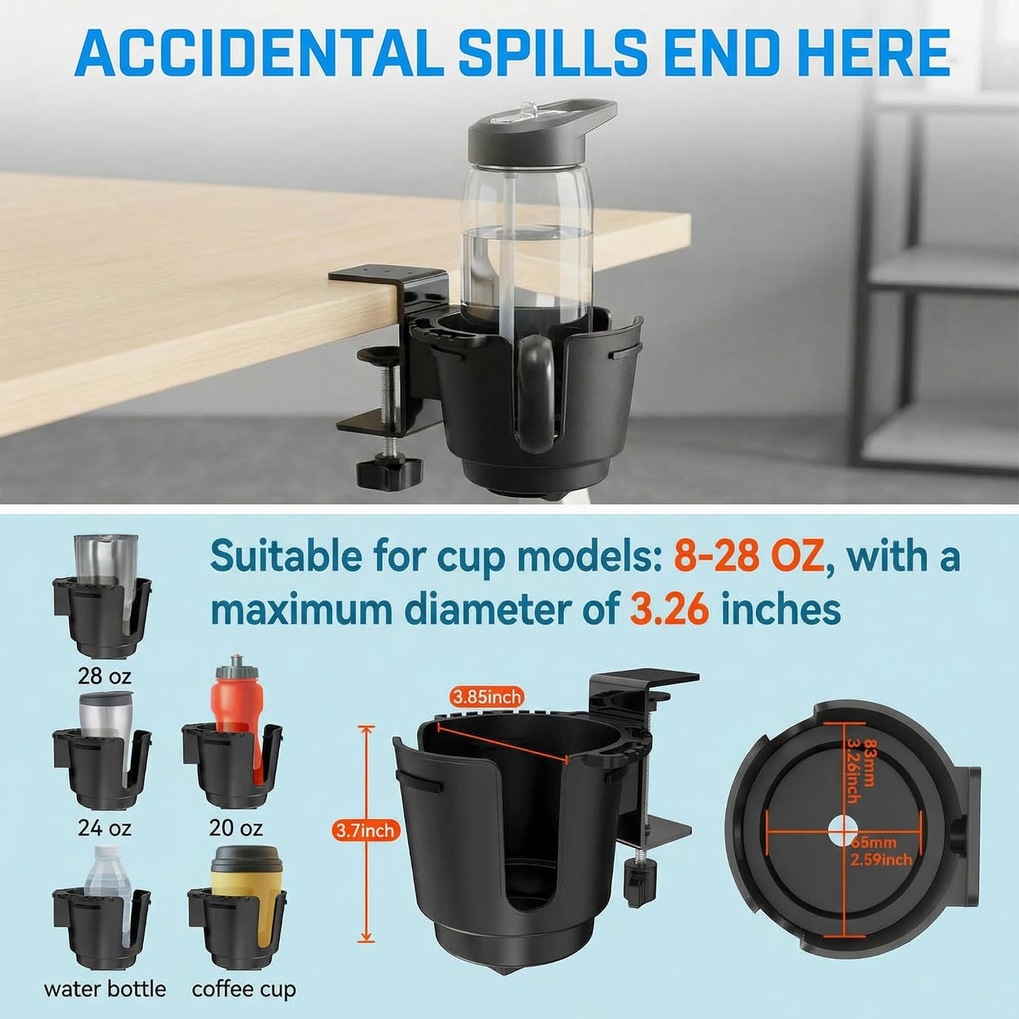 Desk Cup Holder with Metal Clamp, Clip on Cup Holder for 8-28oz Bottles
