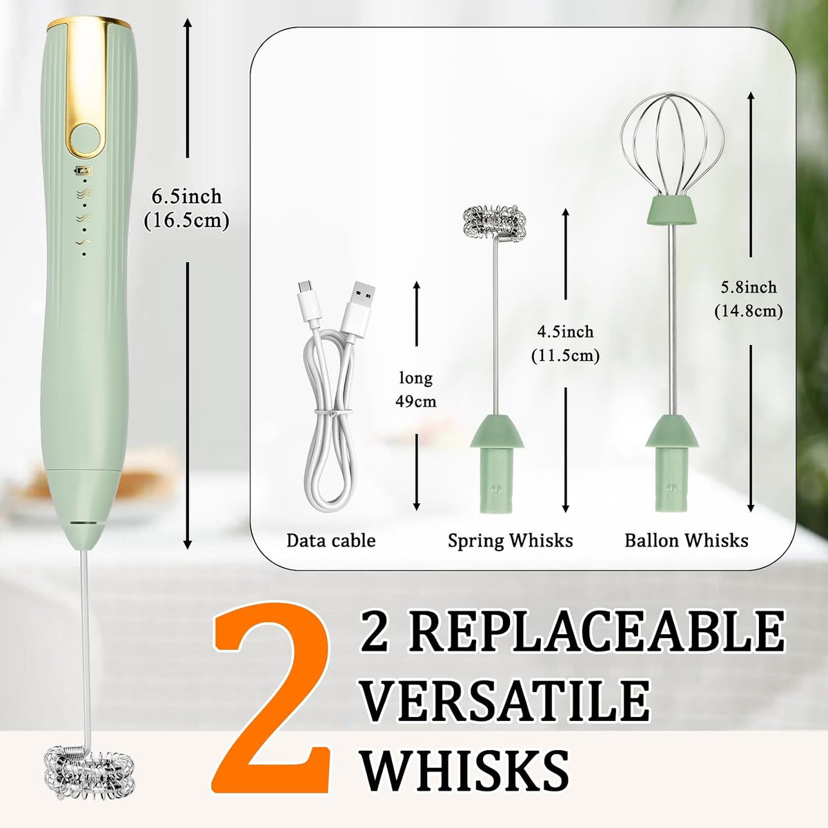TonJin Frother Wand Rechargeable USB-C Milk Frother Handheld Mixer Electric with 2 Whisk Heads, 3 Speeds Adjustable Coffee Drink Mixer for Lattes, Matcha, Hot Chocolate, Egg, Matcha(Green)