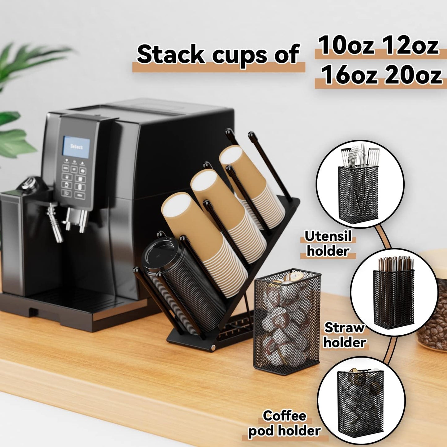 Coffee Cup and Lid Holder - 4 Compartments Plastic Paper Cups Dispenser | 8 Tilt Angle Adjust 100pcs+ 8-22oz Disposable Cups Holder with Straw Basket for Coffee Bar Station Countertop Breakroom Black
