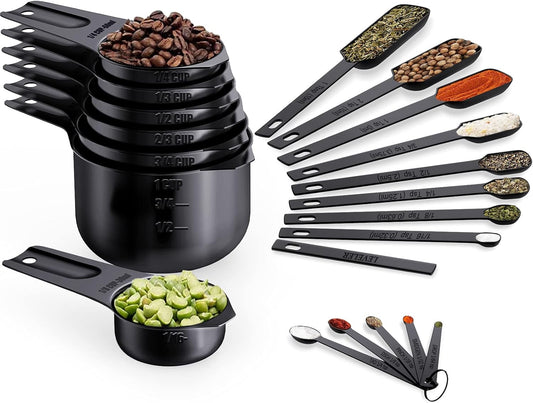 Wildone Black Measuring Cups & Spoons Set of 21 - Includes 7 Stainless Steel Nesting Measuring Cups, 8 Measuring Spoons, 1