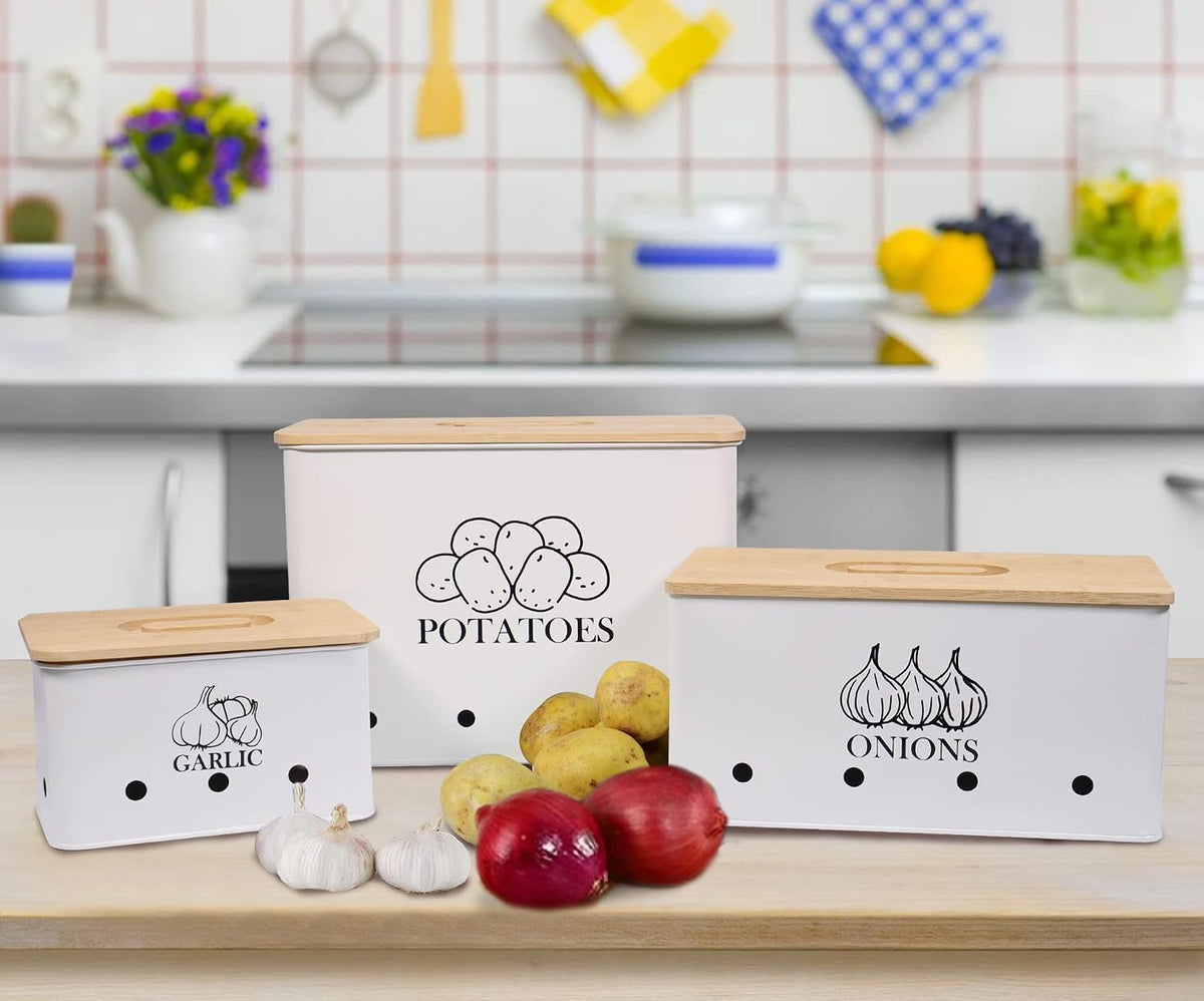 Kitchen Vegetable Storage Tins Set of 3 for Potato Onion & Garlic with Wooden Lid, Kitchen Storage Canisters Set, Long Shelf Life - White