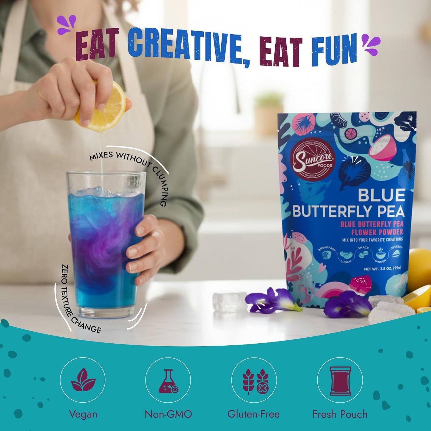 Suncore Foods Butterfly Pea Flower Powder 3.5oz | Gluten Free | Vegan | Natural Blue Food Coloring, Blue Tea for Color-Changing Drinks, Baking, Desserts, Smoothies, Craft, Non-GMO, Resealable Pouch