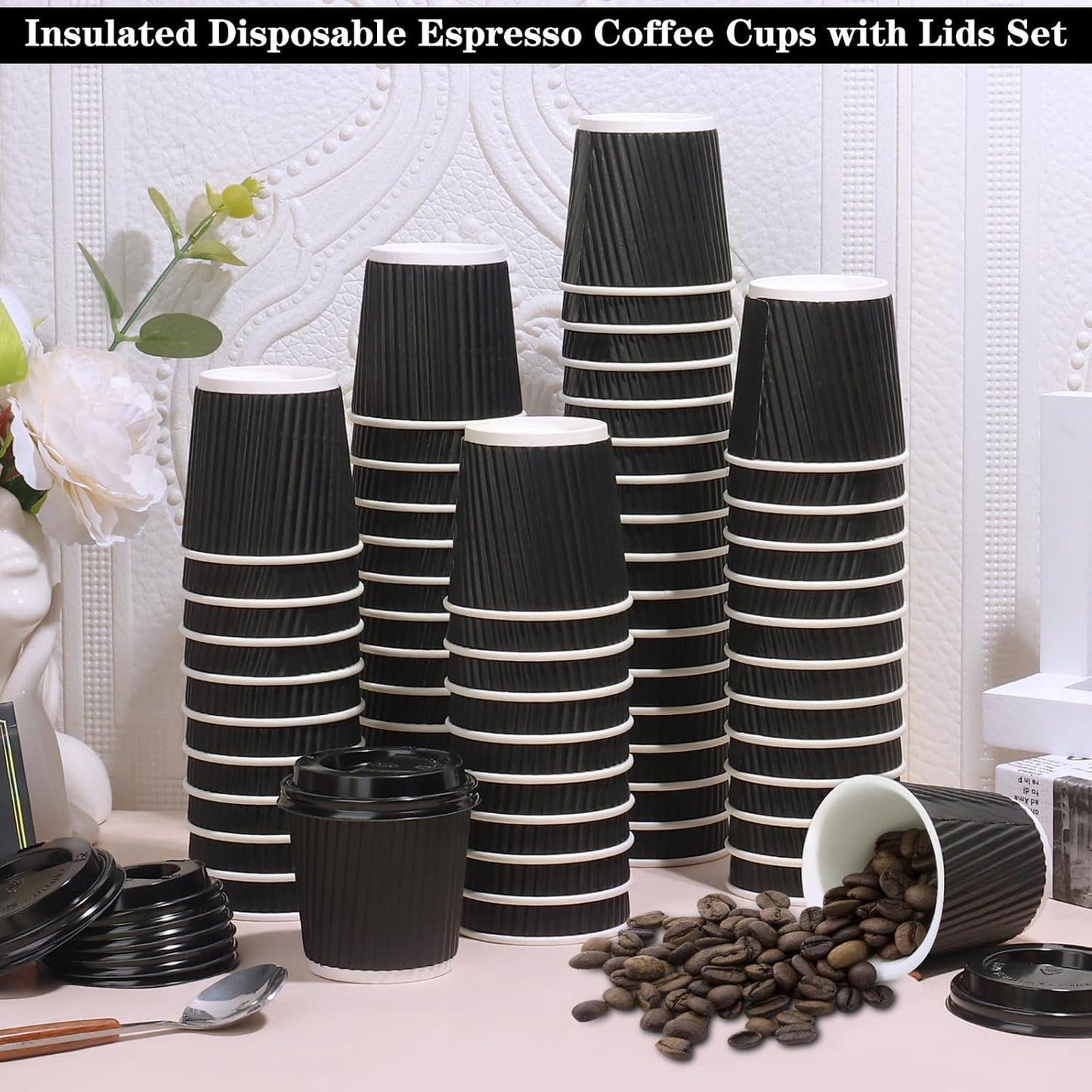 4 oz Disposable Espresso Cups with Lids, 100 Count, Corrugated Ripple Wall | Stackable Storage|Heat-Insulating Grip | To Go Spill-Resistant | Coffee Cups For Hot Drink, Office, Coffee Bar (Black)