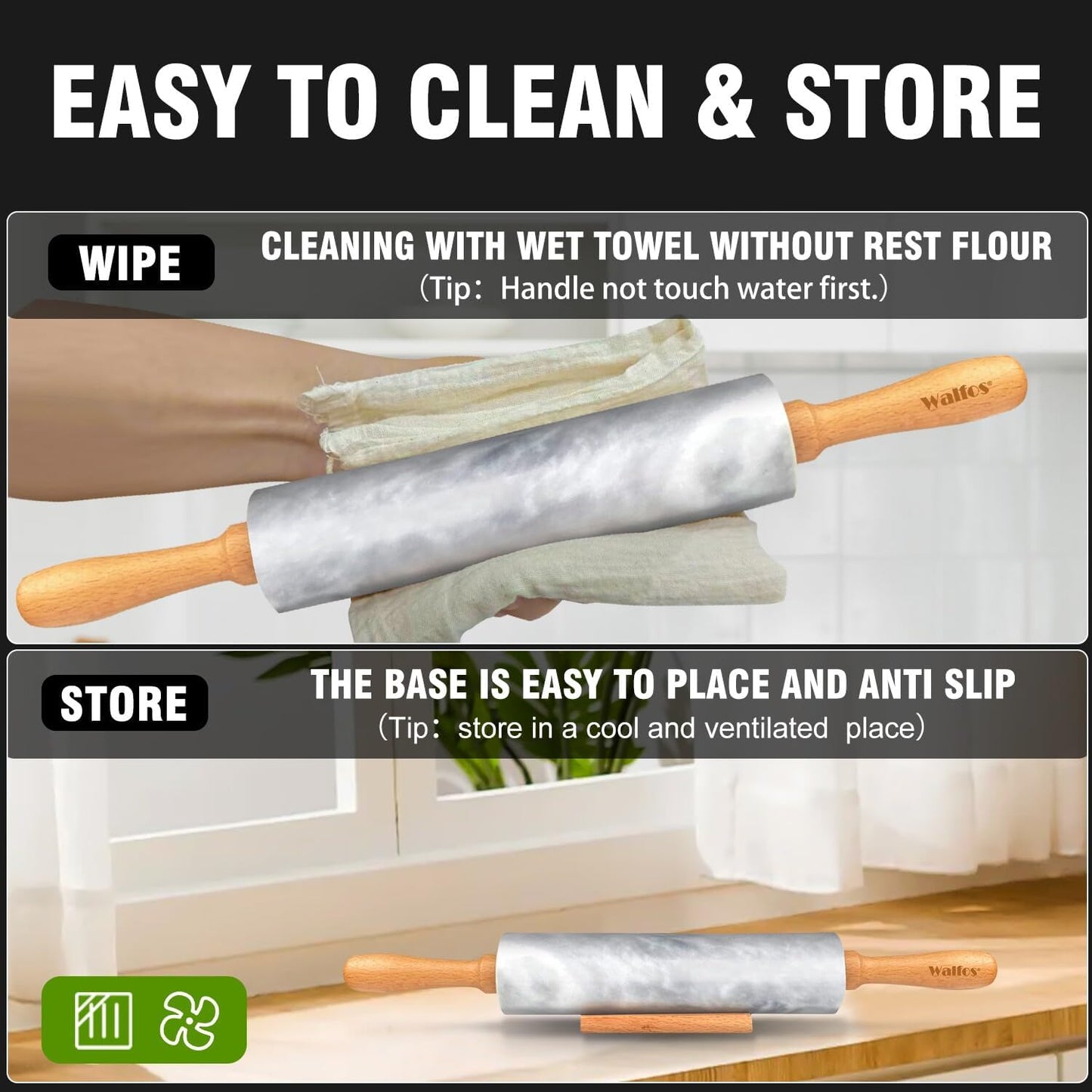 Walfos Marble Rolling Pin With Wooden Handles & Wood Cradle, 16.5 Inch Marble Rolling Pins For Making Pizza Dough And